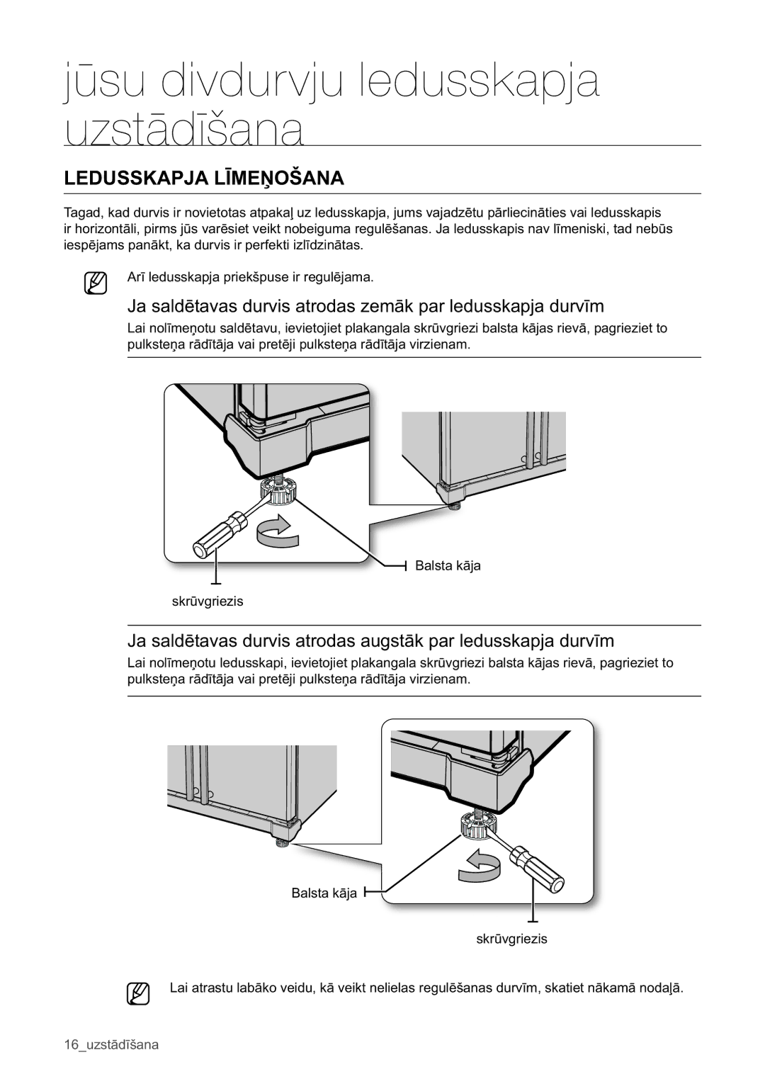 Samsung RSA1WHPE1/BWT manual Ledusskapja Līmeņošana, Ja saldētavas durvis atrodas zemāk par ledusskapja durvīm 