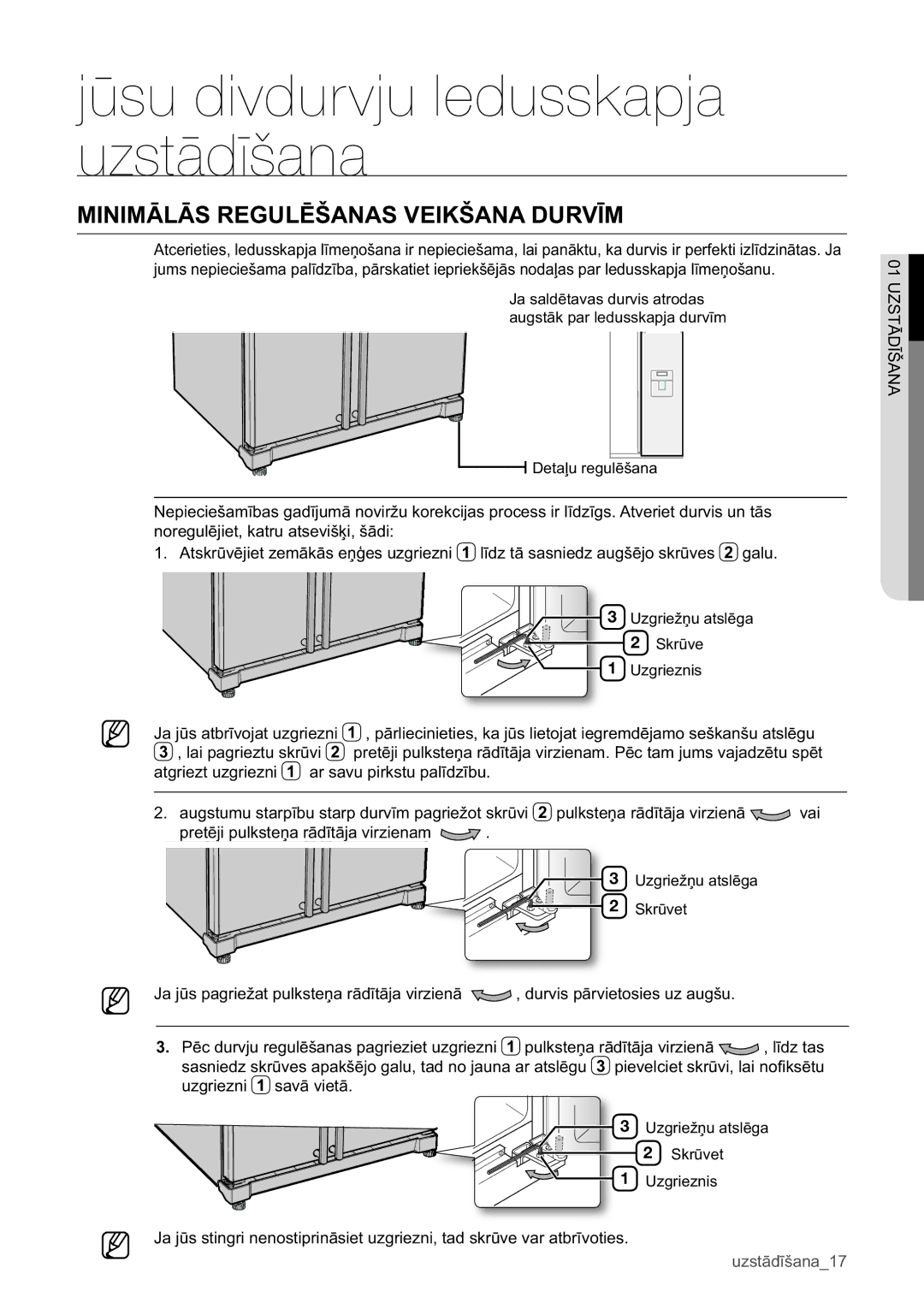 Samsung RSA1WHPE1/BWT manual Minimālās Regulēšanas Veikšana Durvīm 