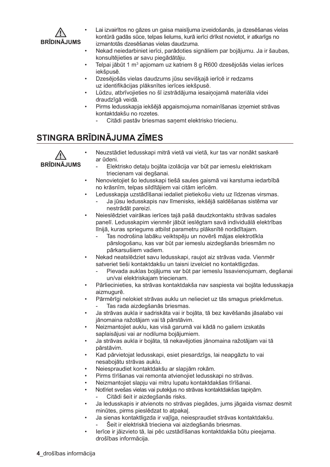 Samsung RSA1WHPE1/BWT manual Stingra Brīdinājuma Zīmes 