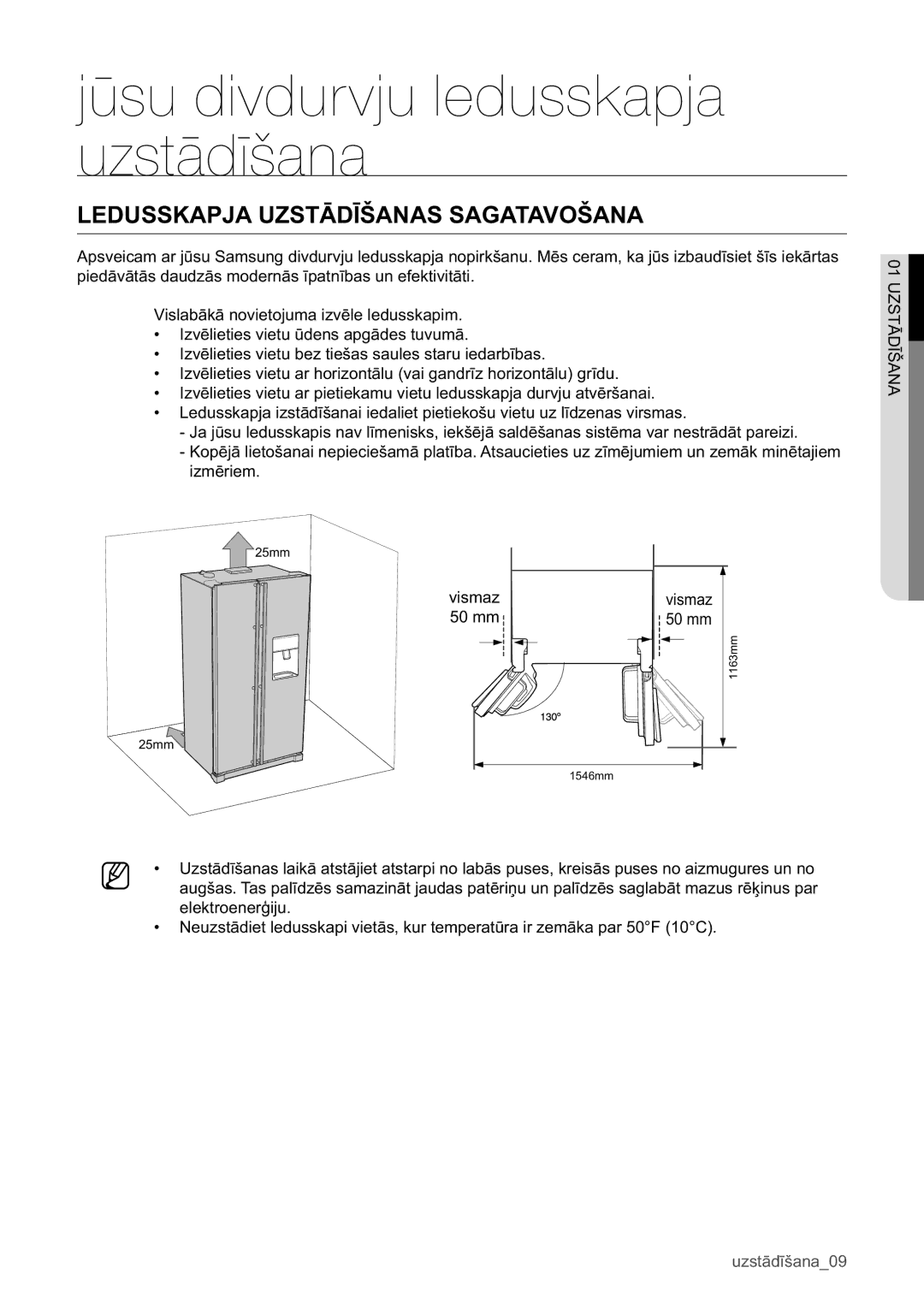 Samsung RSA1WHPE1/BWT manual Jūsu divdurvju ledusskapja uzstādīšana, Ledusskapja Uzstādīšanas Sagatavošana 