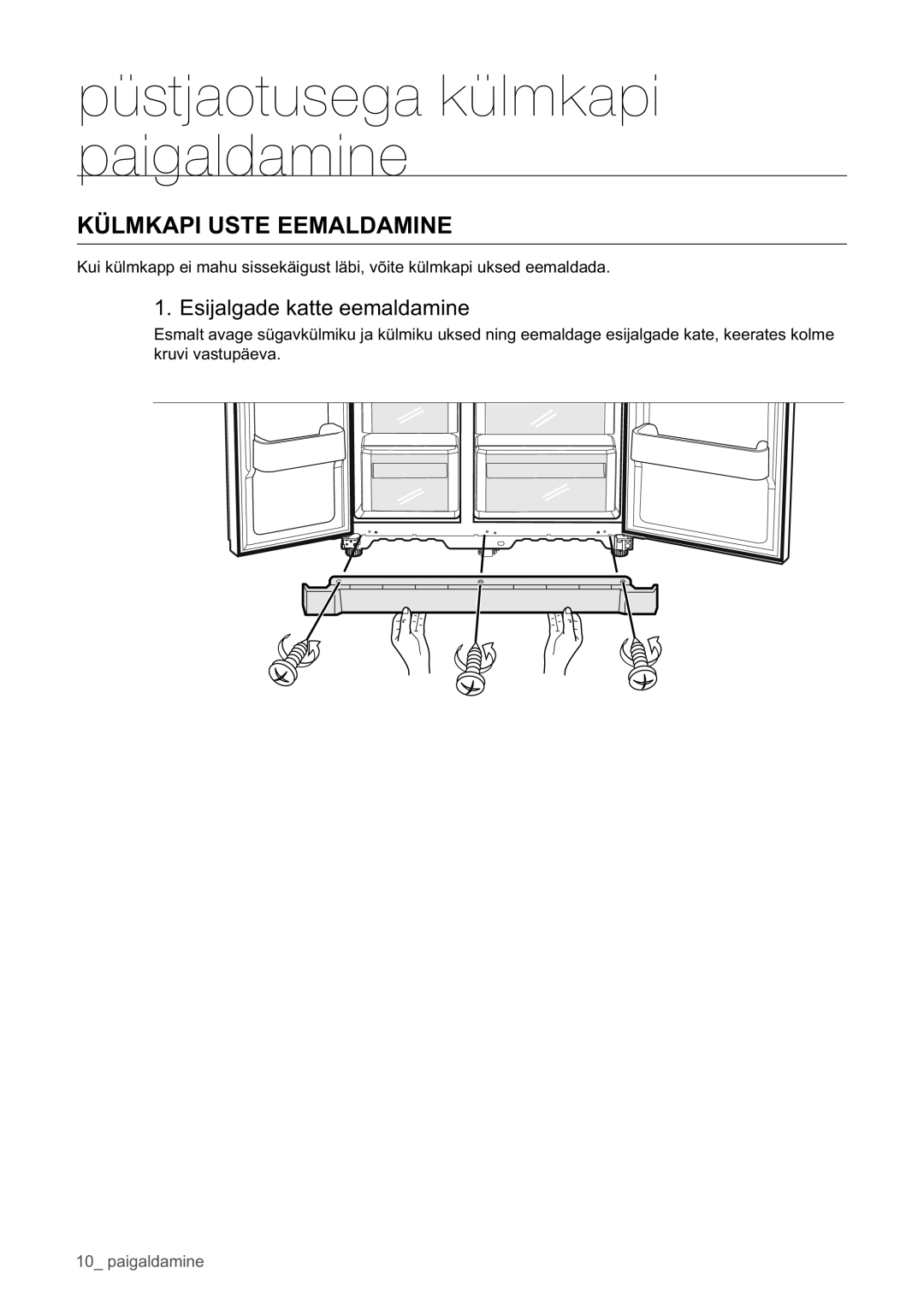 Samsung RSA1WHPE1/BWT manual Külmkapi Uste Eemaldamine, Esijalgade katte eemaldamine 