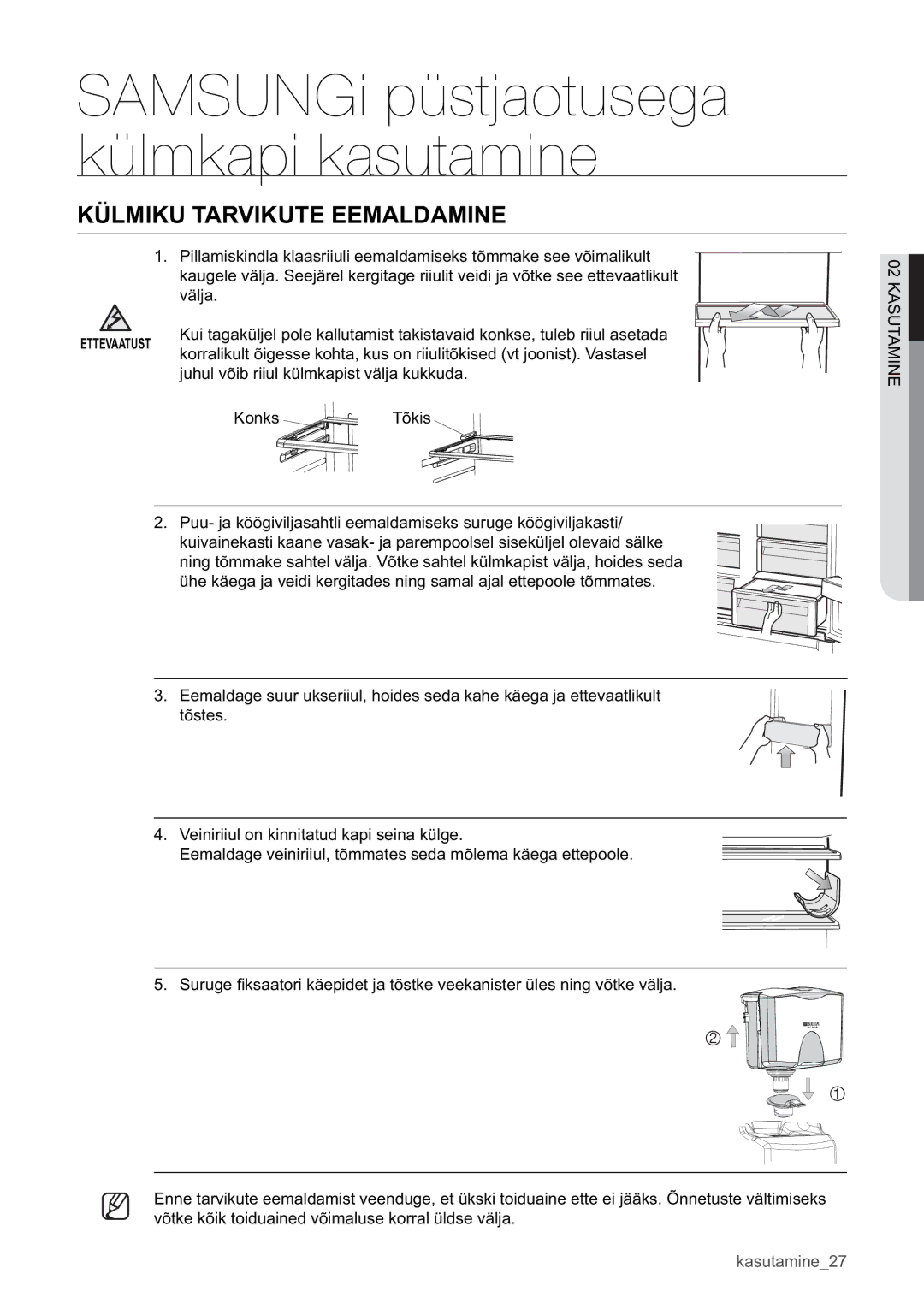 Samsung RSA1WHPE1/BWT manual Külmiku Tarvikute Eemaldamine 