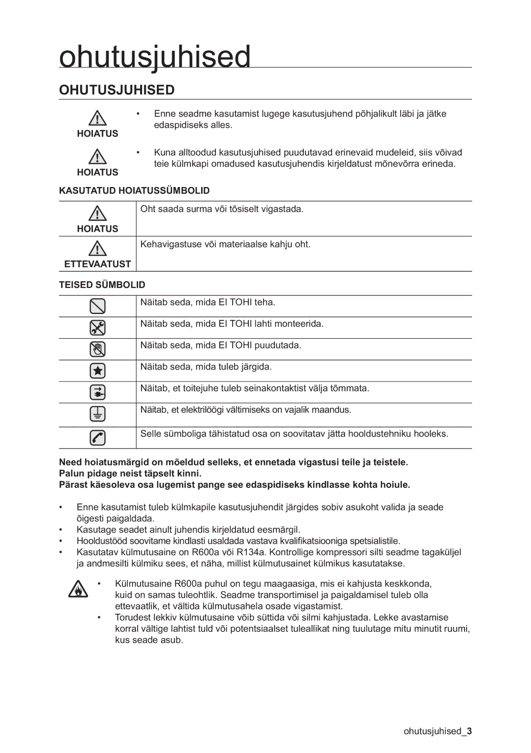 Samsung RSA1WHPE1/BWT manual Ohutusjuhised 