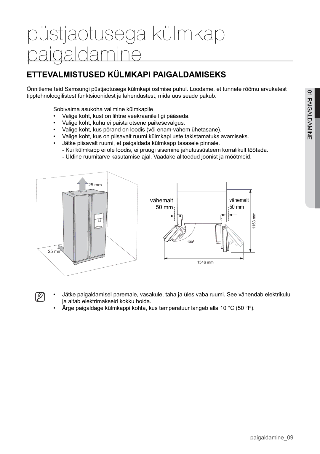 Samsung RSA1WHPE1/BWT manual Püstjaotusega külmkapi paigaldamine, Ettevalmistused Külmkapi Paigaldamiseks 