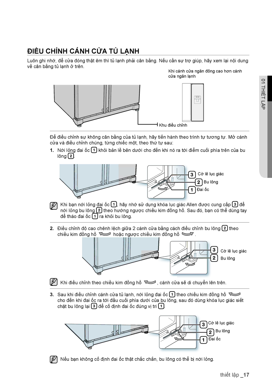 Samsung RSA1WTTS1/XSV, RSA1WTIS1/XSV manual Điều CHỈNH Cánh CỬA TỦ Lạnh 