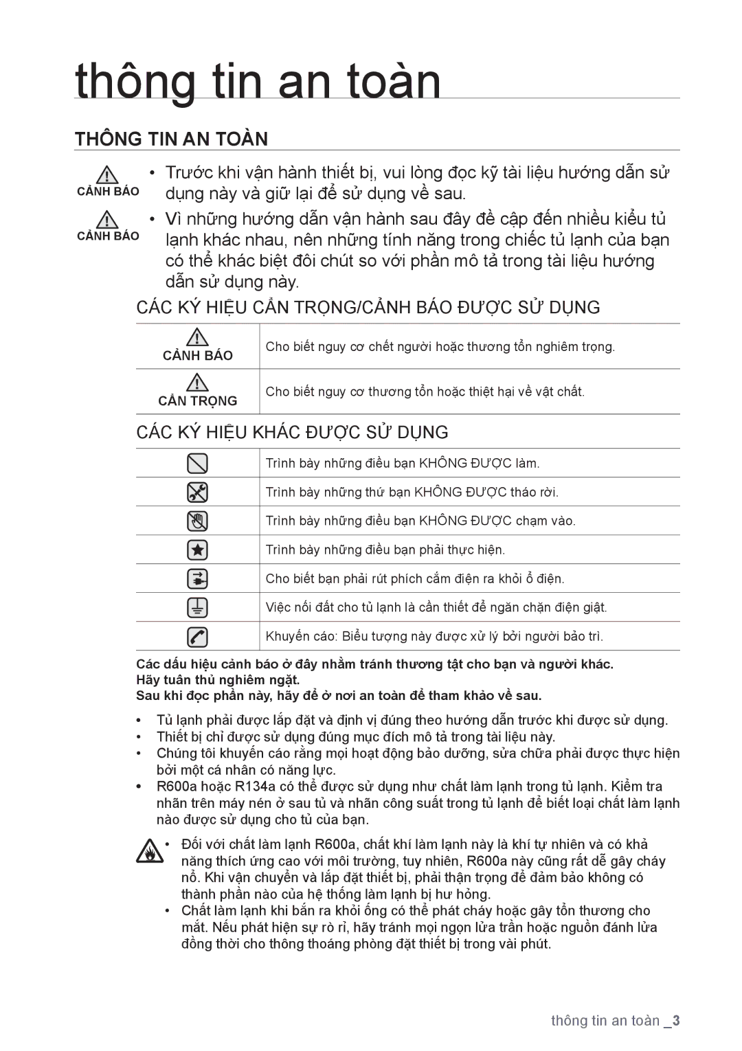 Samsung RSA1WTTS1/XSV, RSA1WTIS1/XSV manual Thông tin an toàn, Thông TIN AN Toàn 