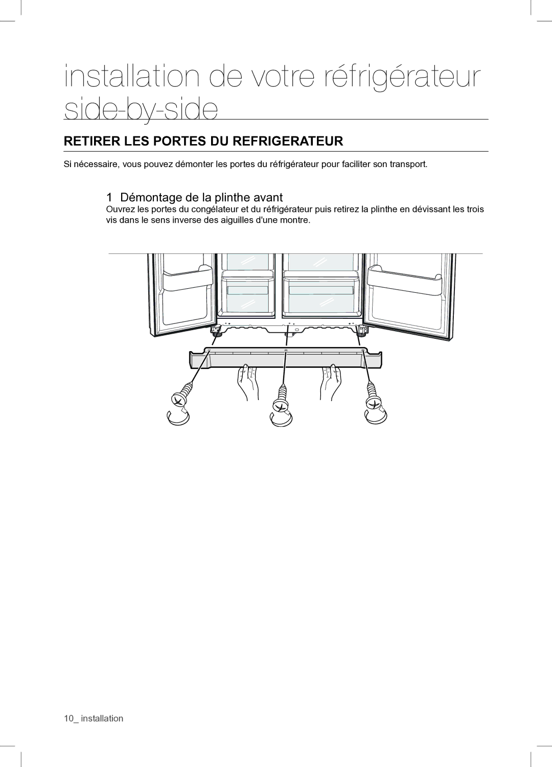 Samsung RSA1WTPE1/XEF manual Retirer LES Portes DU Refrigerateur, Démontage de la plinthe avant 