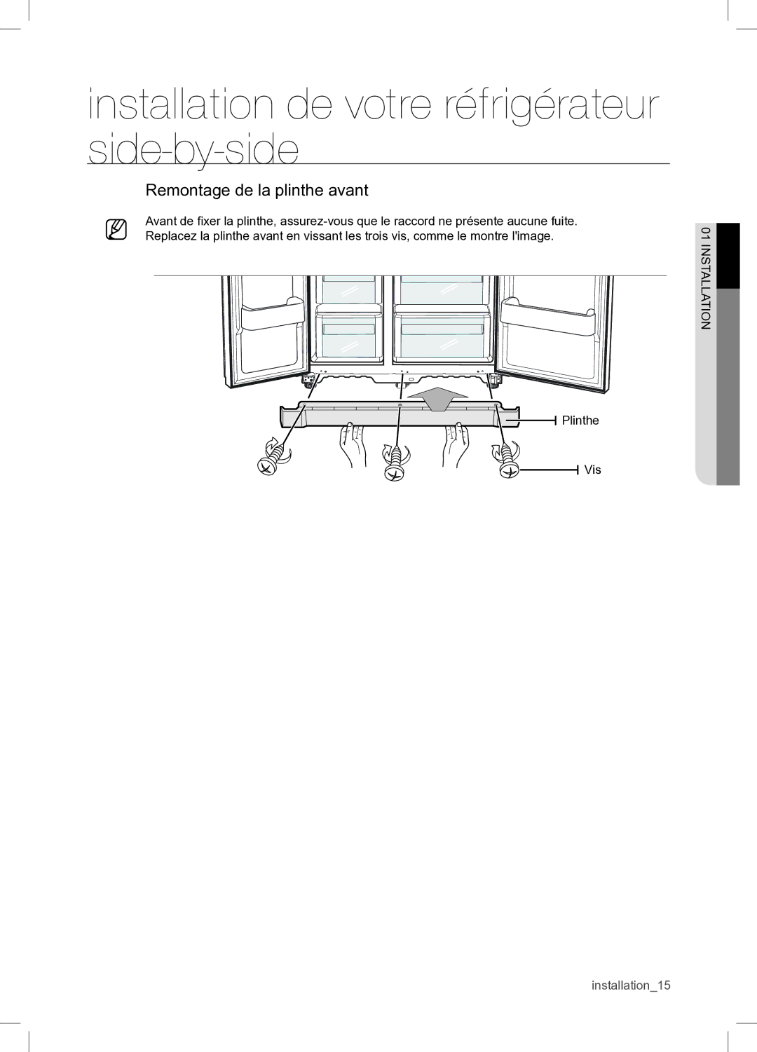 Samsung RSA1WTPE1/XEF manual Remontage de la plinthe avant 