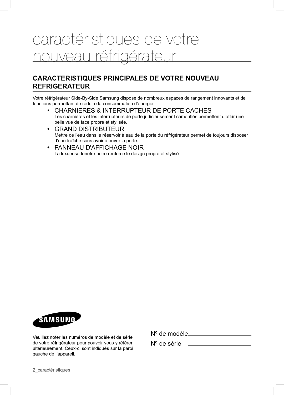 Samsung RSA1WTPE1/XEF manual Caracteristiques Principales DE Votre Nouveau Refrigerateur, Nº de modèle Nº de série 