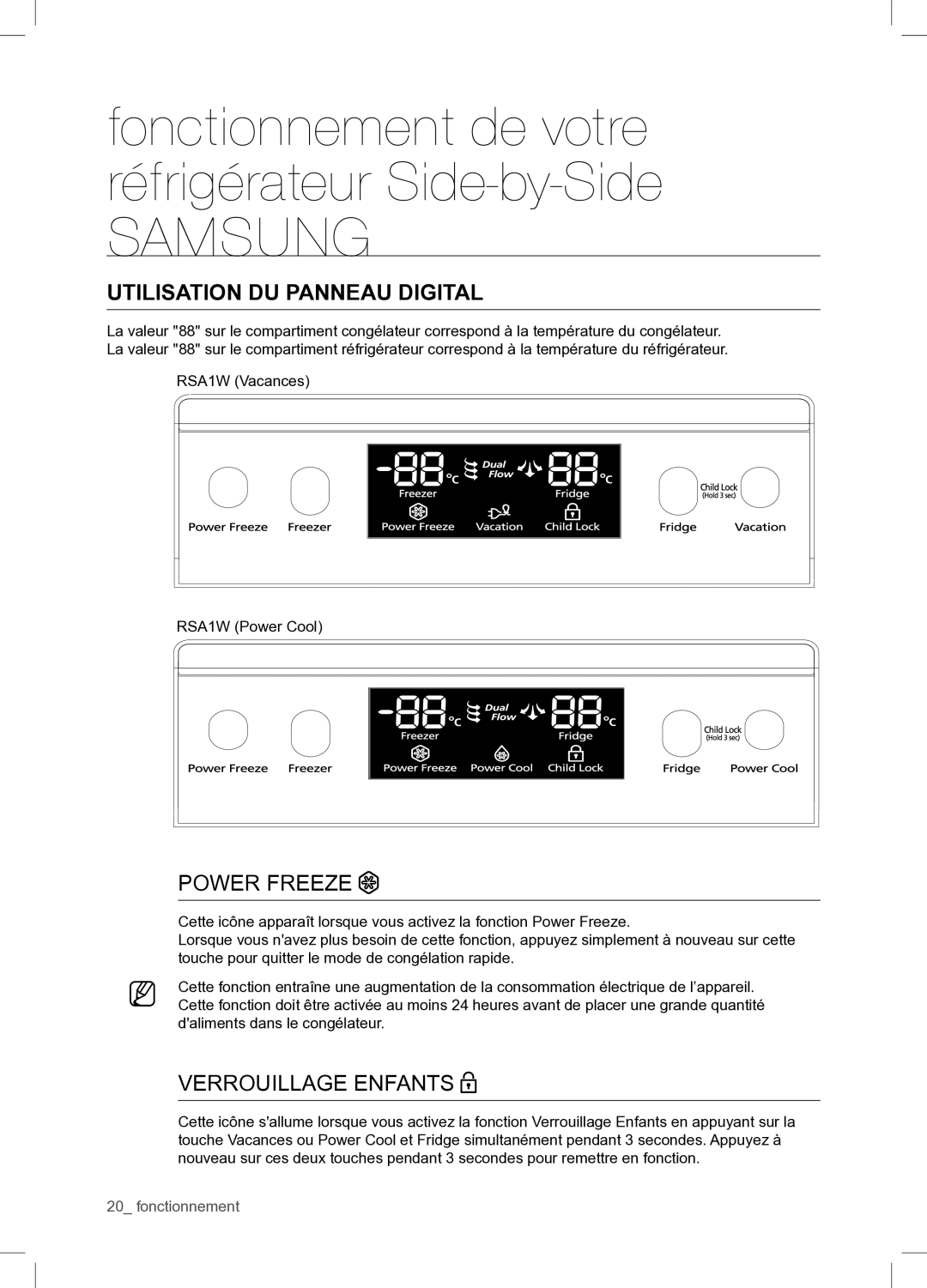 Samsung RSA1WTPE1/XEF manual Utilisation DU Panneau Digital, Power Freeze 