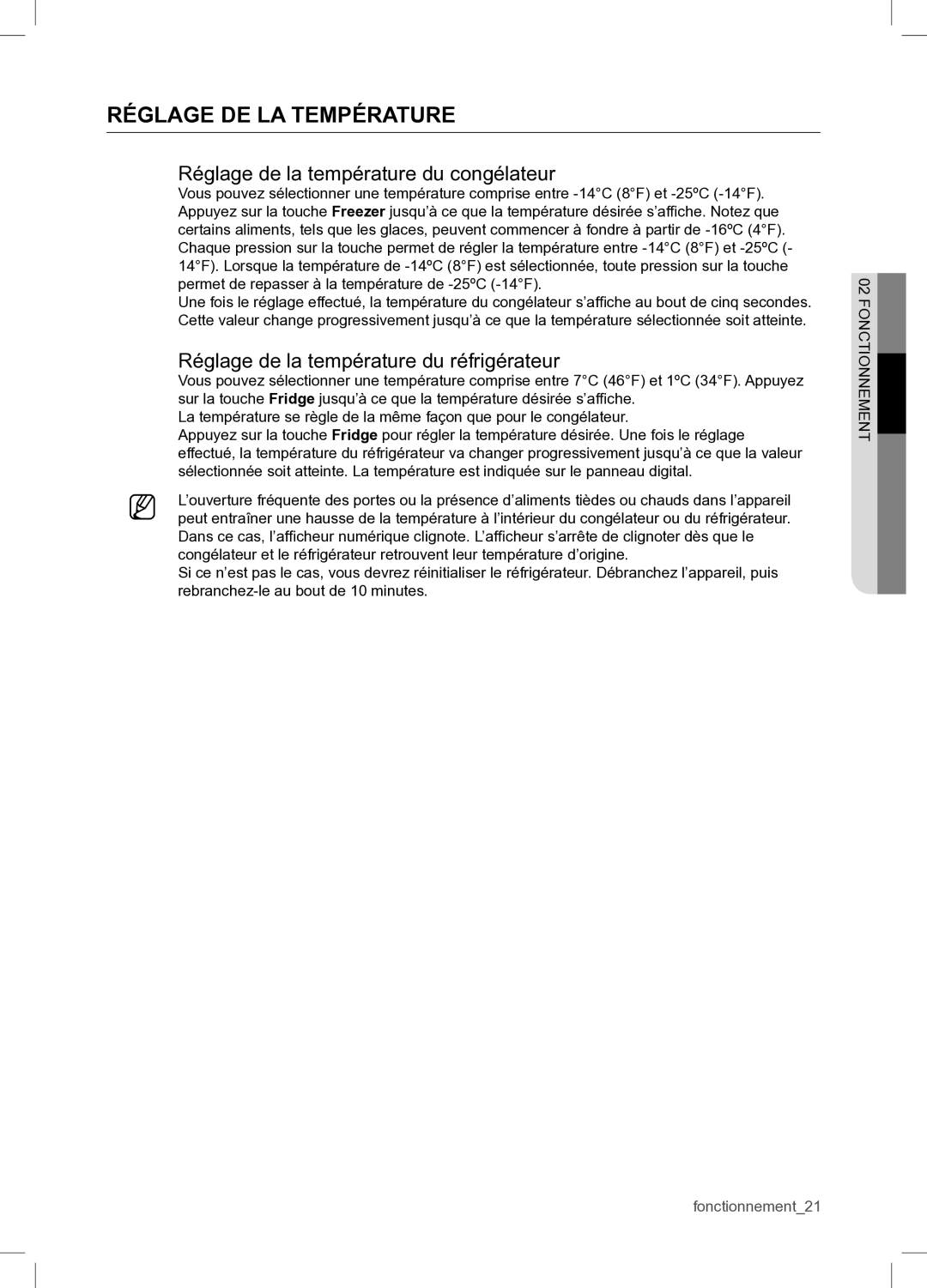 Samsung RSA1WTPE1/XEF manual Réglage DE LA Température, Réglage de la température du congélateur 