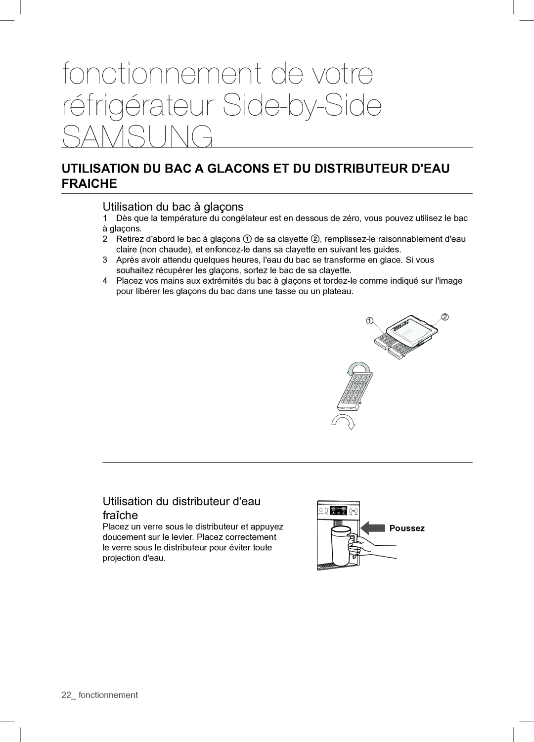 Samsung RSA1WTPE1/XEF manual Utilisation du bac à glaçons, Utilisation du distributeur deau fraîche 