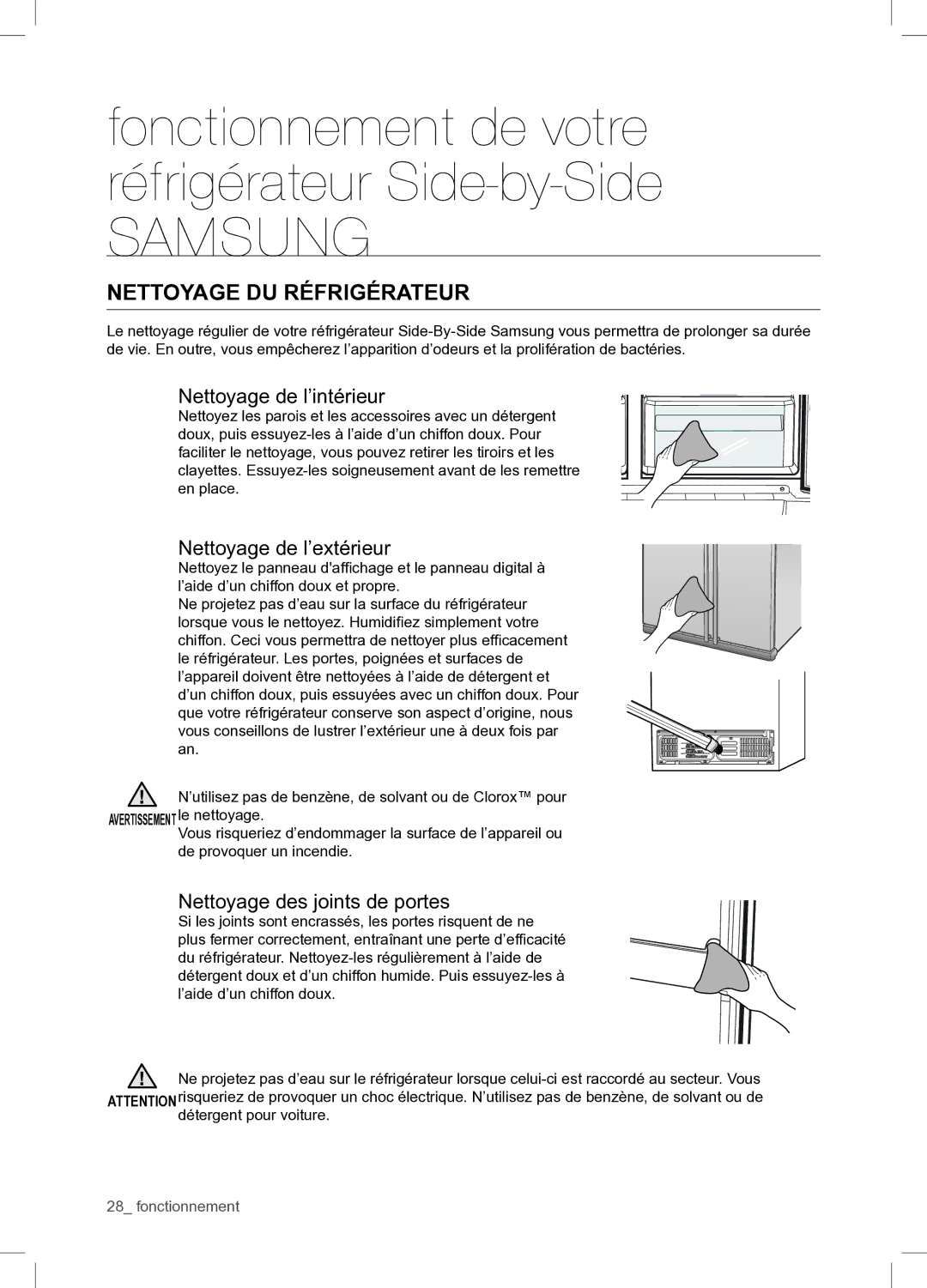 Samsung RSA1WTPE1/XEF manual Nettoyage DU Réfrigérateur, Nettoyage de l’intérieur, Nettoyage de l’extérieur 