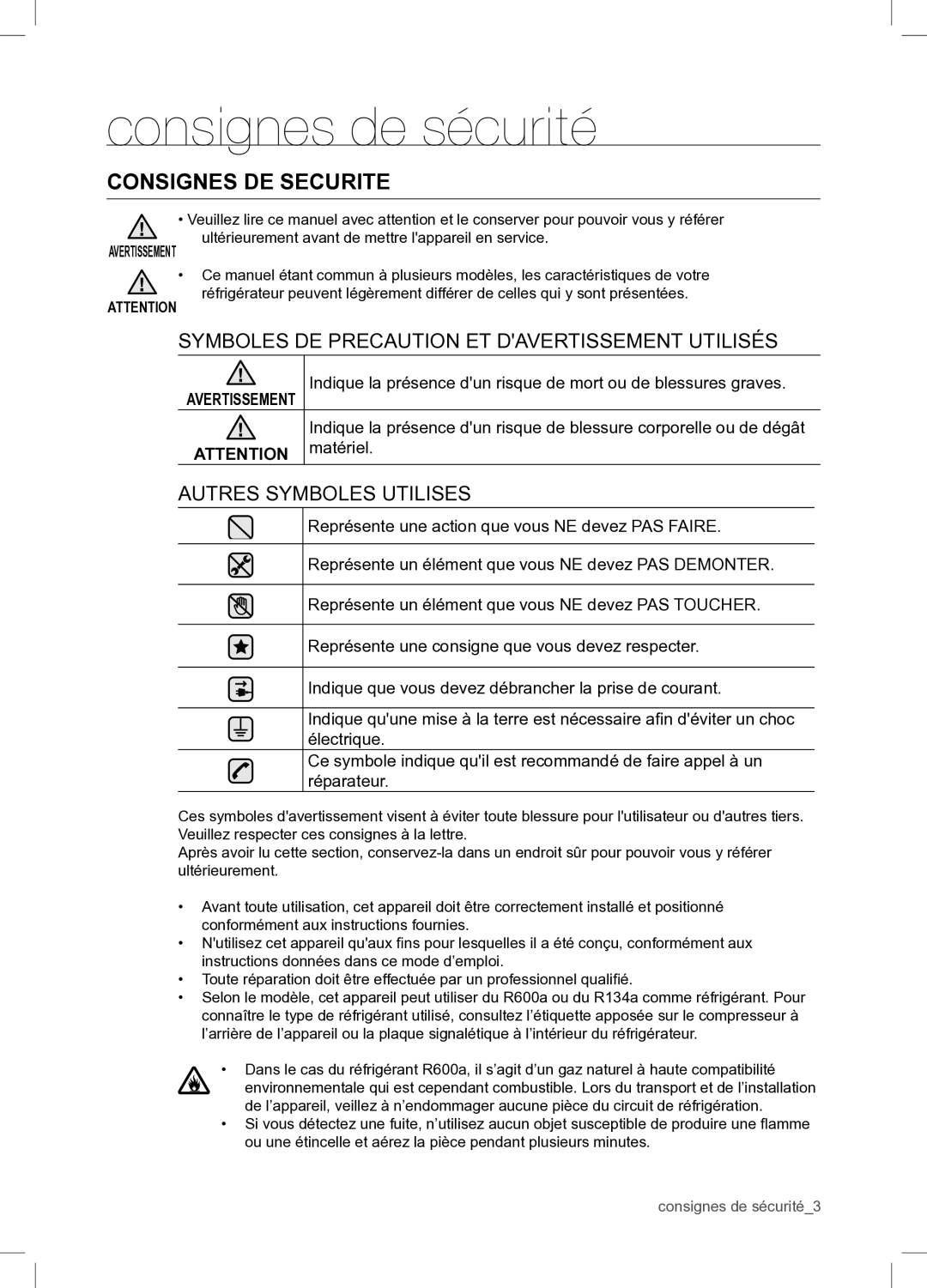 Samsung RSA1WTPE1/XEF manual Consignes de sécurité, Consignes DE Securite 