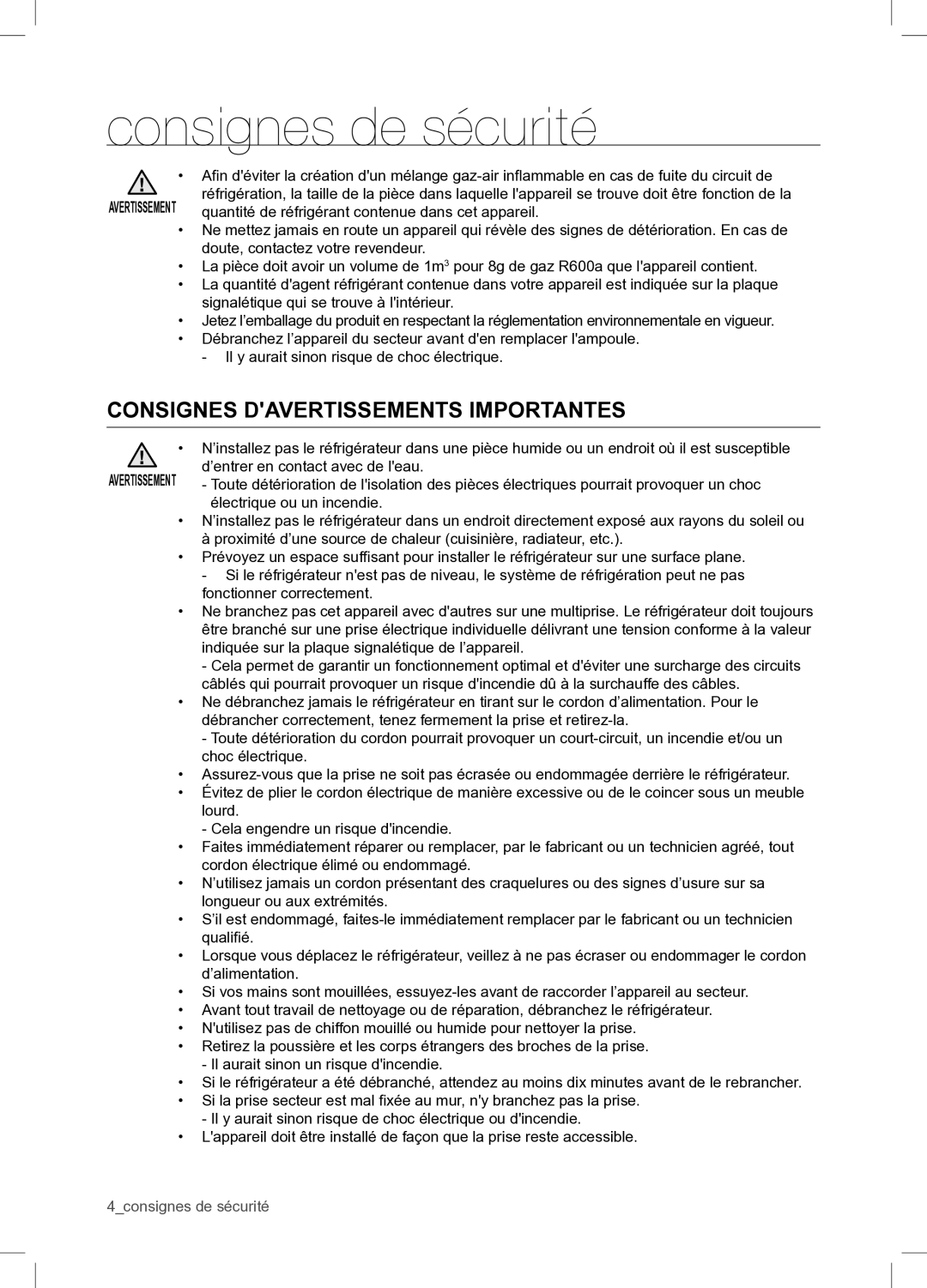 Samsung RSA1WTPE1/XEF manual Consignes Davertissements Importantes, Électrique ou un incendie 