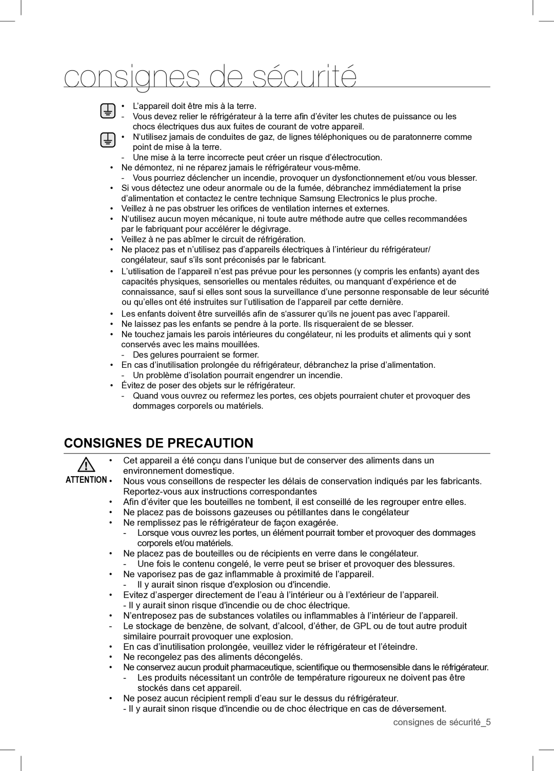 Samsung RSA1WTPE1/XEF manual Consignes DE Precaution 