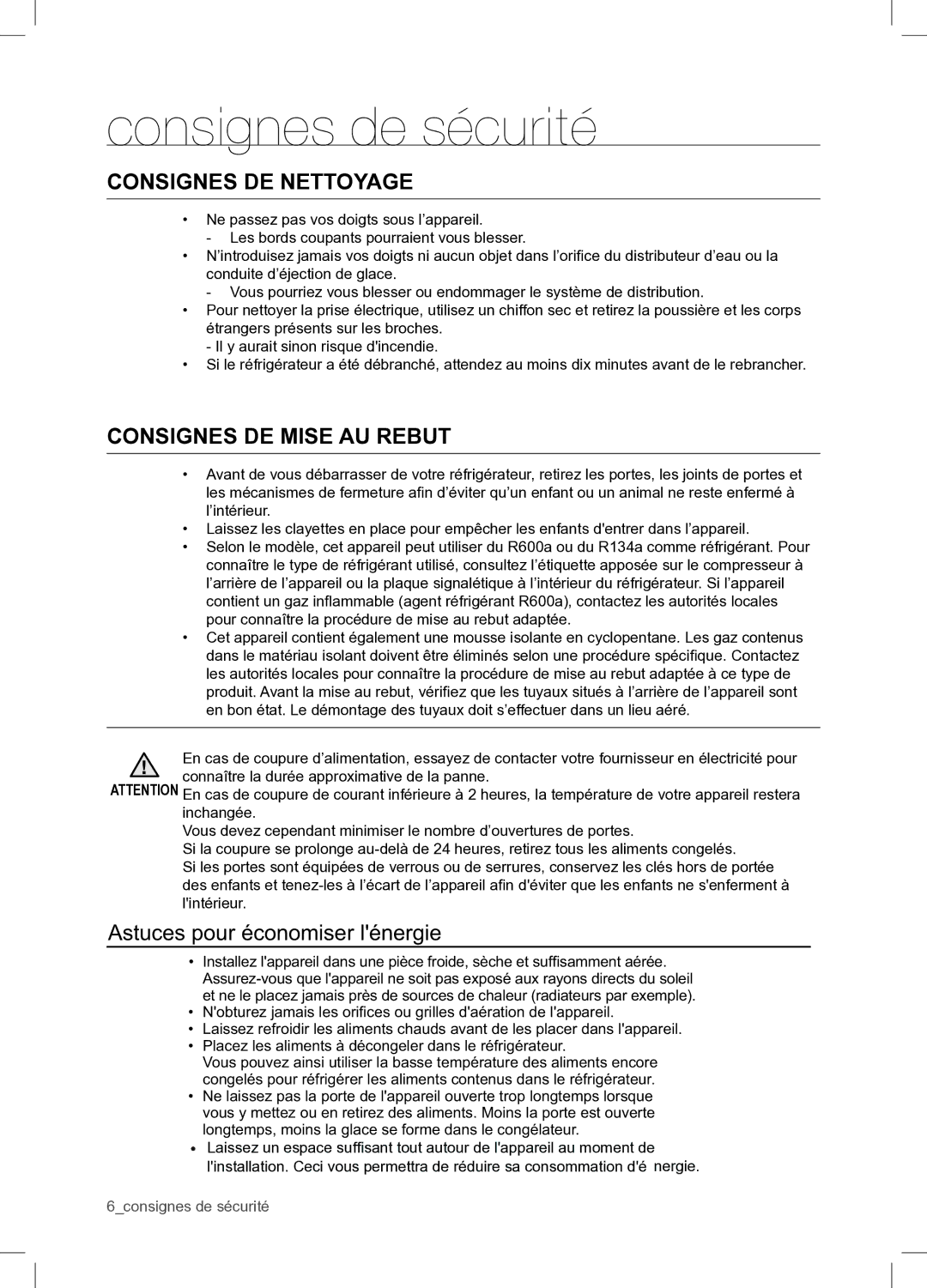 Samsung RSA1WTPE1/XEF manual Consignes DE Nettoyage, Consignes DE Mise AU Rebut 