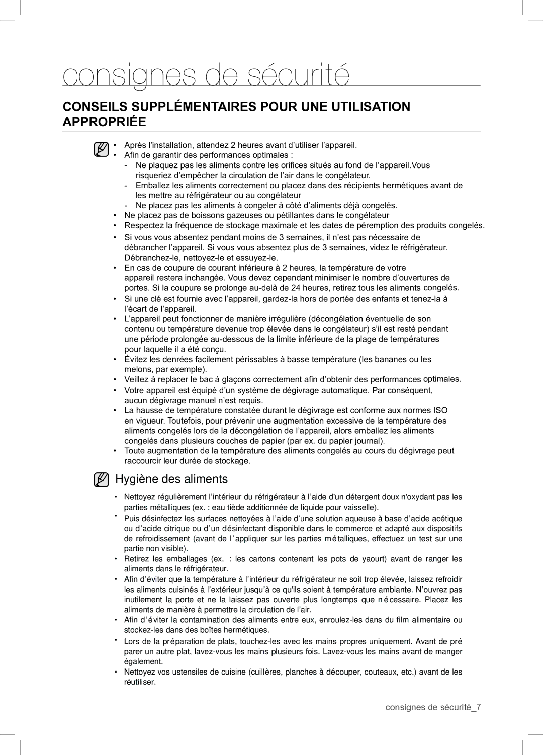 Samsung RSA1WTPE1/XEF manual Conseils Supplémentaires Pour UNE Utilisation Appropriée, Hygiène des aliments 