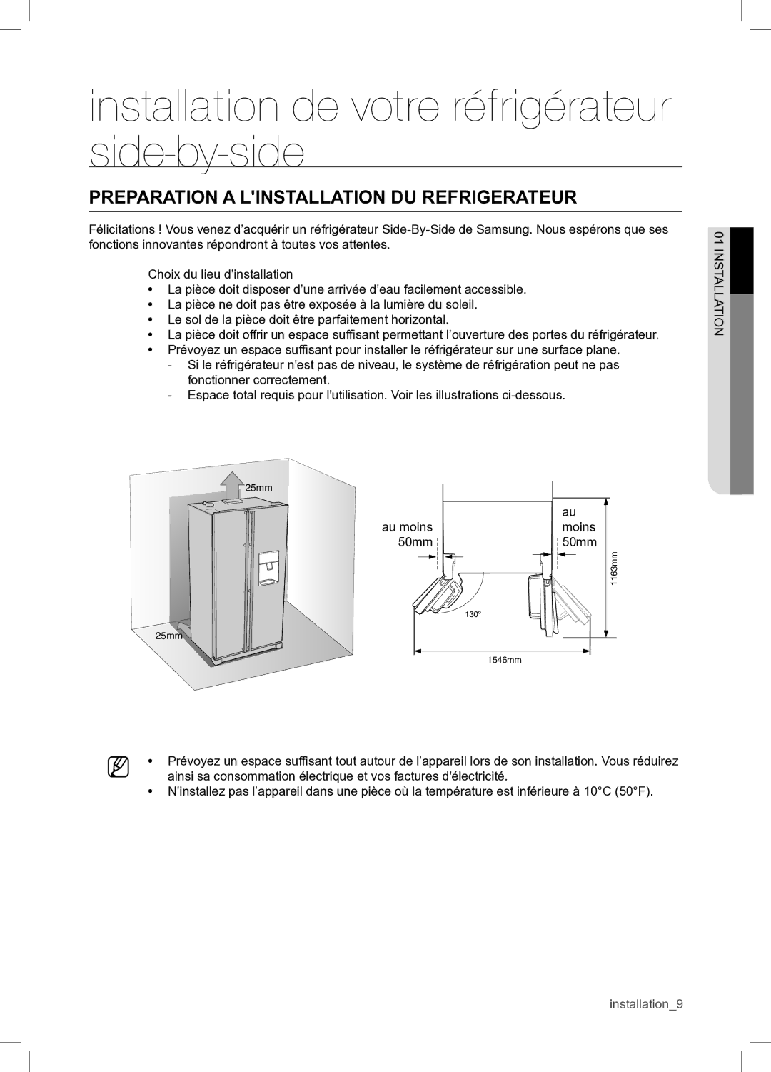 Samsung RSA1WTPE1/XEF manual Installation de votre réfrigérateur side-by-side, Preparation a Linstallation DU Refrigerateur 