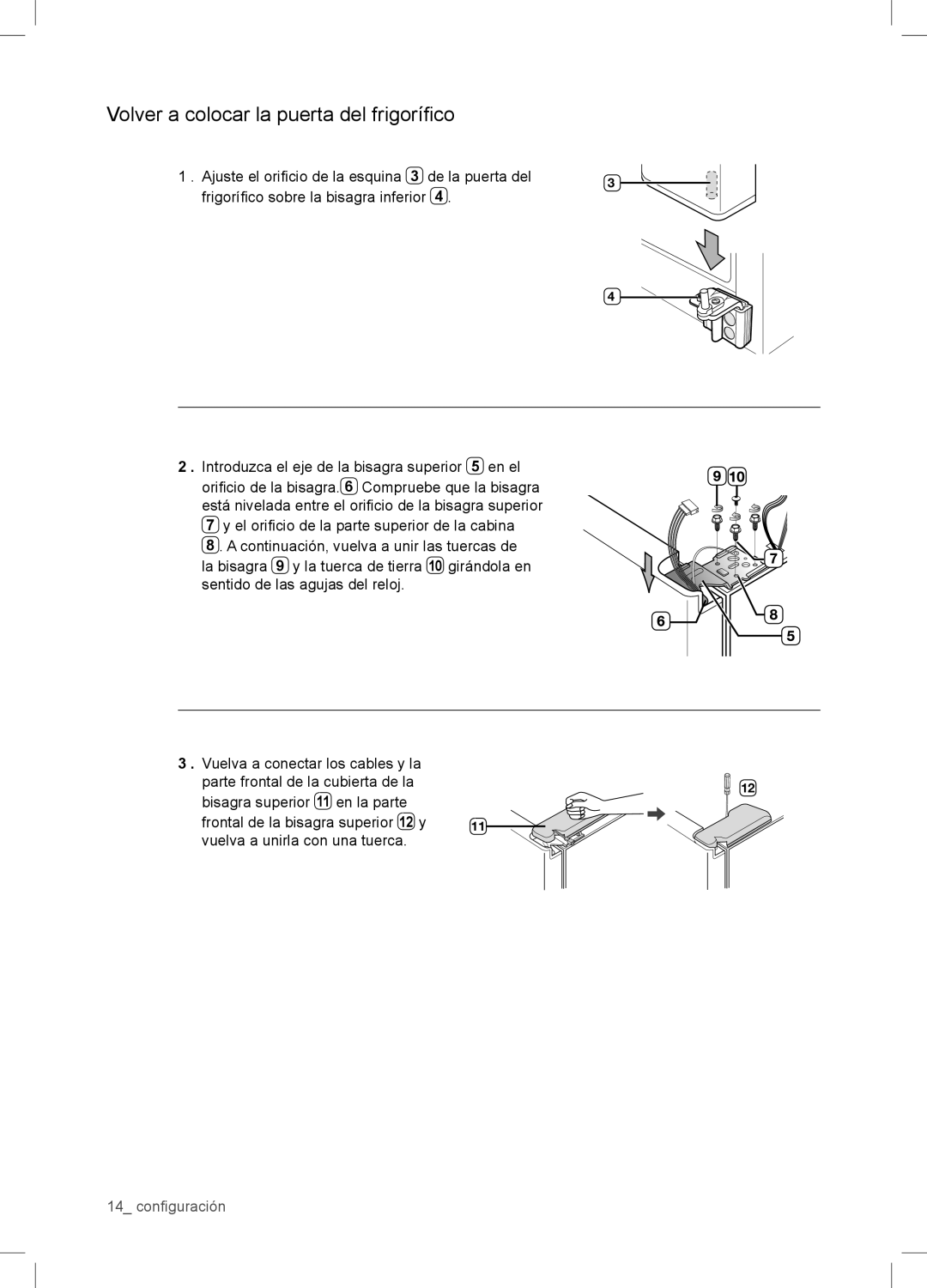 Samsung RSA1WTPE1/XES manual Volver a colocar la puerta del frigoríﬁco 