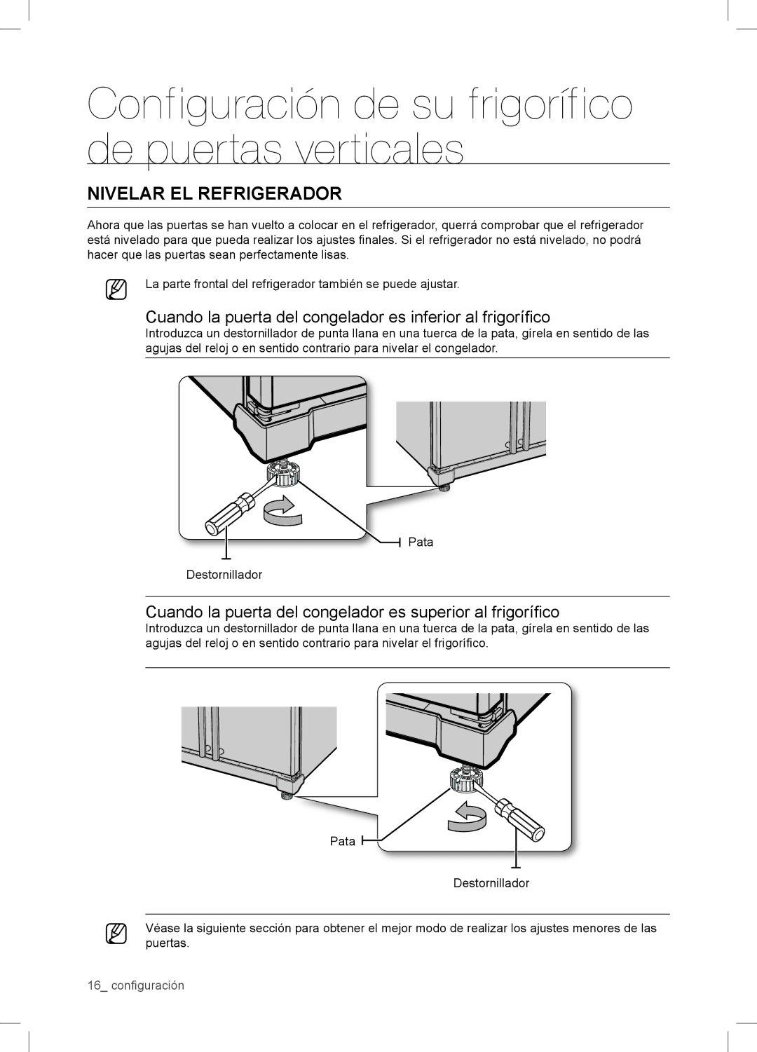 Samsung RSA1WTPE1/XES manual Nivelar EL Refrigerador, Cuando la puerta del congelador es inferior al frigoríﬁco 