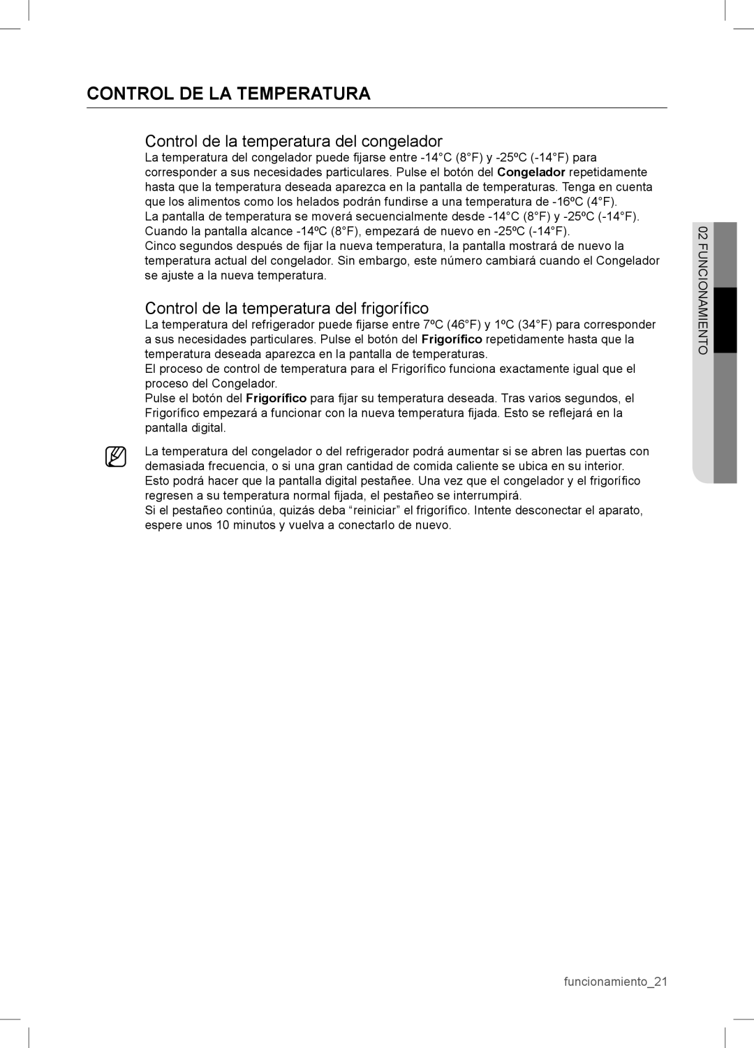 Samsung RSA1WTPE1/XES manual Control DE LA Temperatura, Control de la temperatura del congelador 