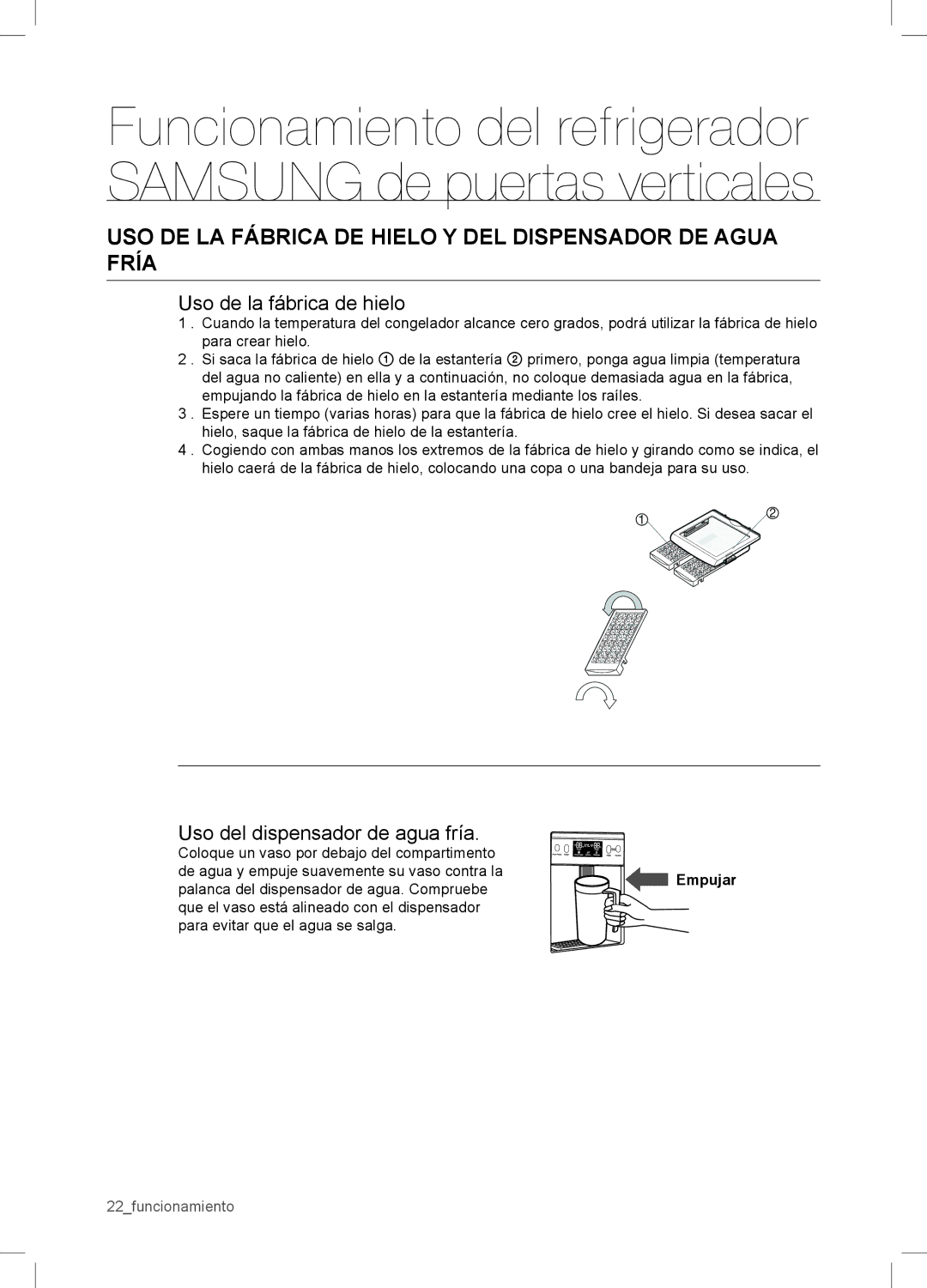 Samsung RSA1WTPE1/XES manual USO DE LA Fábrica DE Hielo Y DEL Dispensador DE Agua Fría, Uso de la fábrica de hielo 