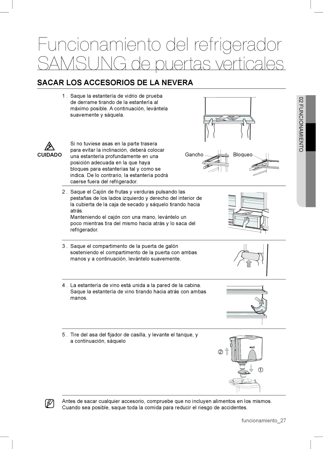 Samsung RSA1WTPE1/XES manual Sacar LOS Accesorios DE LA Nevera 