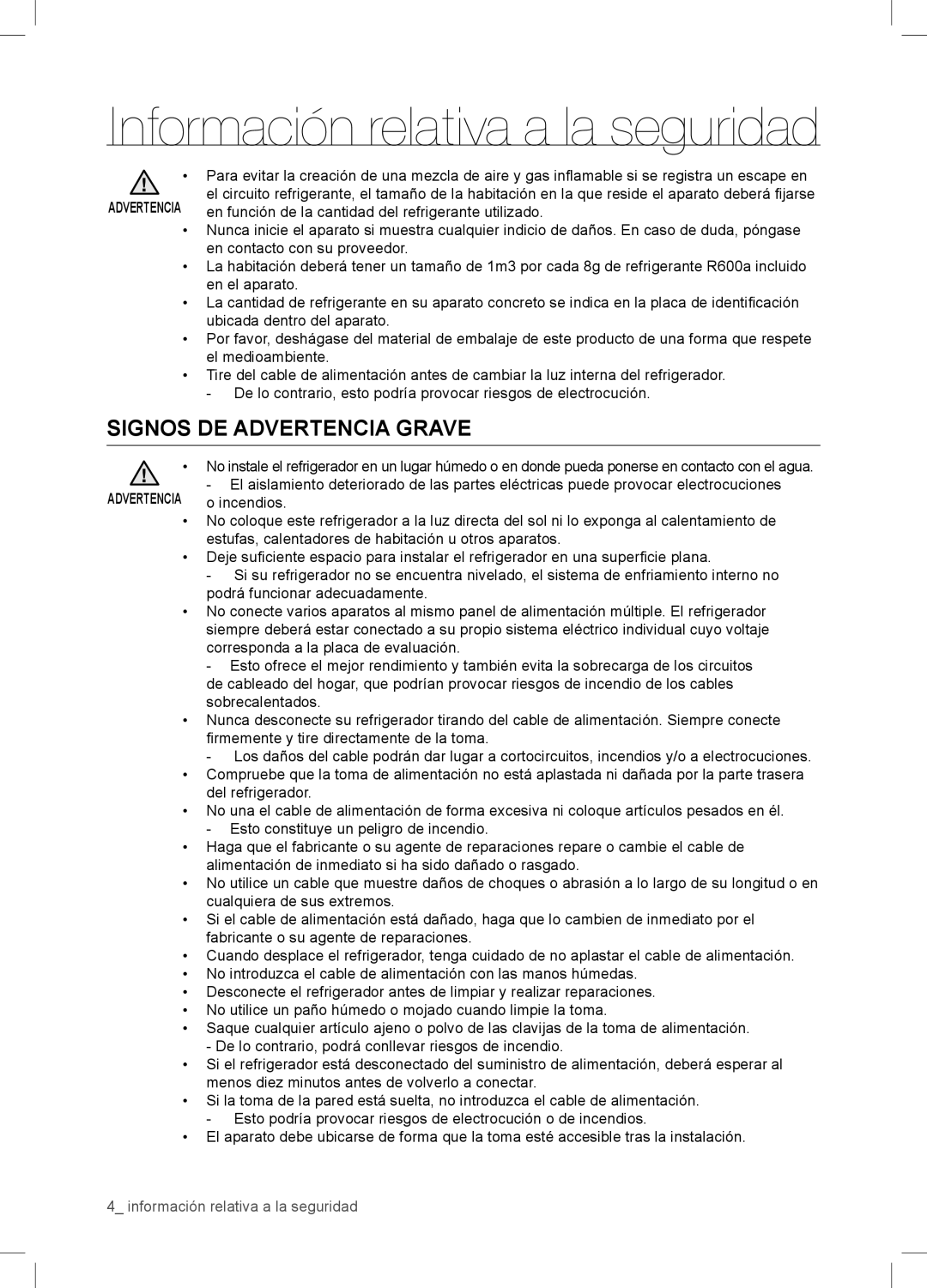 Samsung RSA1WTPE1/XES manual Signos DE Advertencia Grave, Incendios 