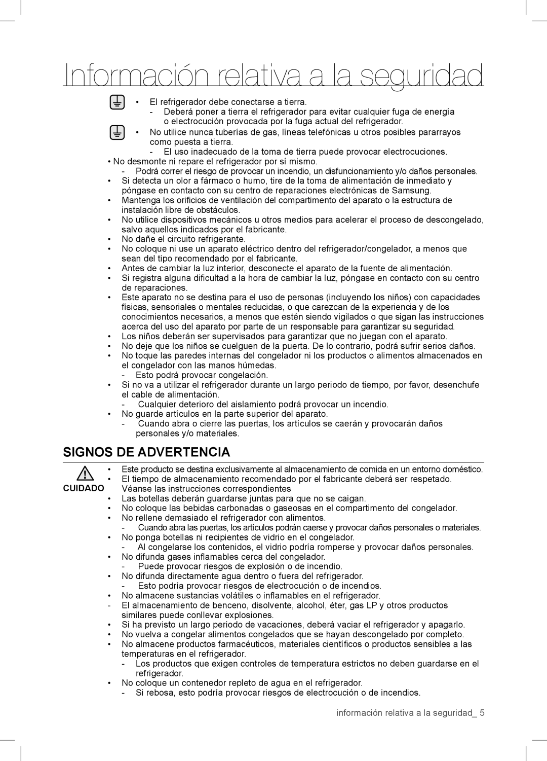 Samsung RSA1WTPE1/XES manual Signos DE Advertencia 