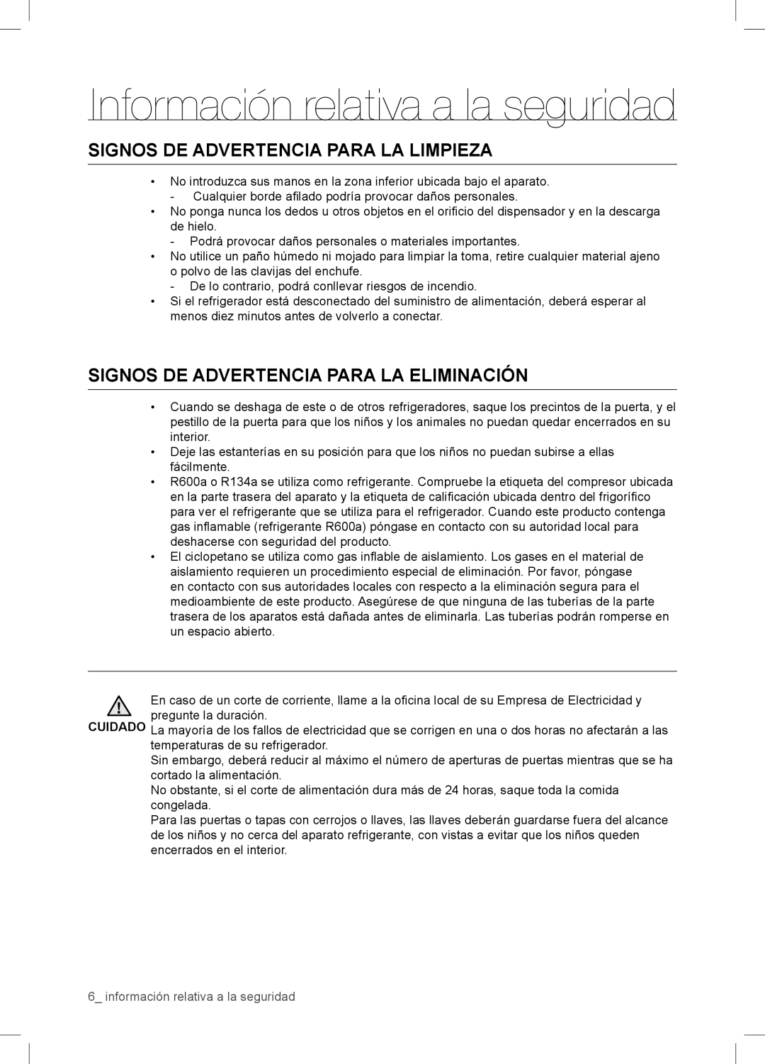 Samsung RSA1WTPE1/XES manual Signos DE Advertencia Para LA Limpieza, Signos DE Advertencia Para LA Eliminación 