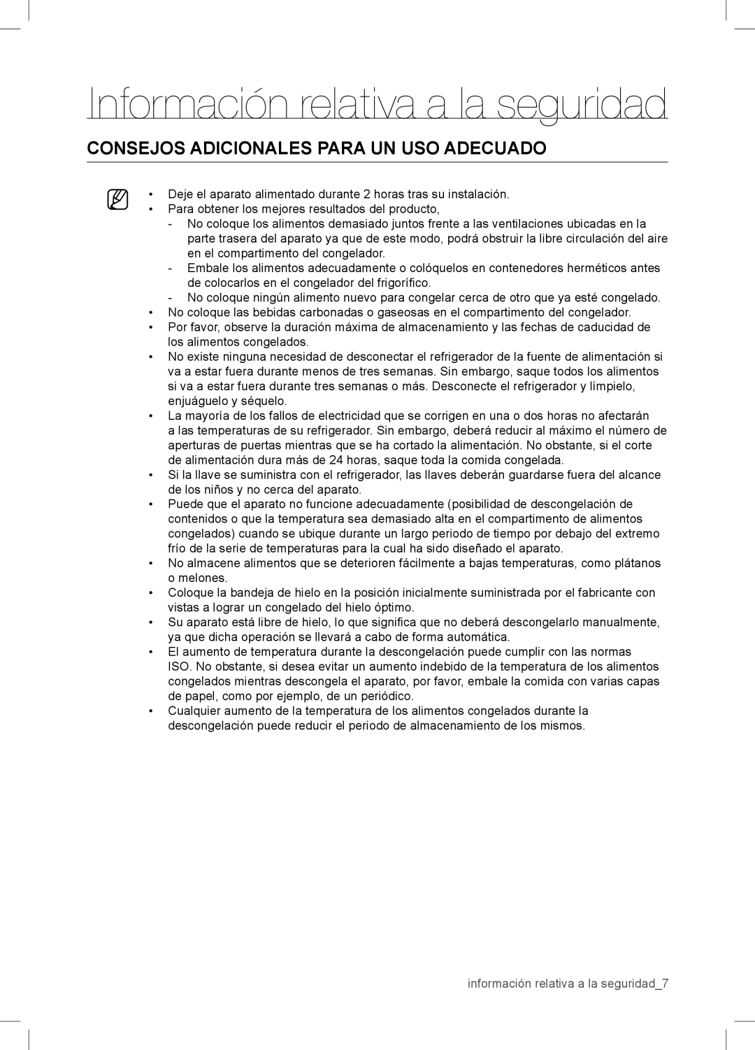 Samsung RSA1WTPE1/XES manual Consejos Adicionales Para UN USO Adecuado 