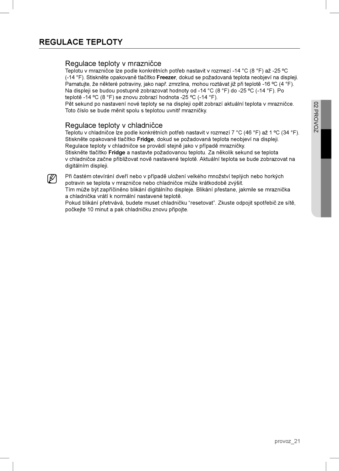 Samsung RSA1WTVG1/XEO manual Regulace Teploty, Regulace teploty v mrazničce, Regulace teploty v chladničce 