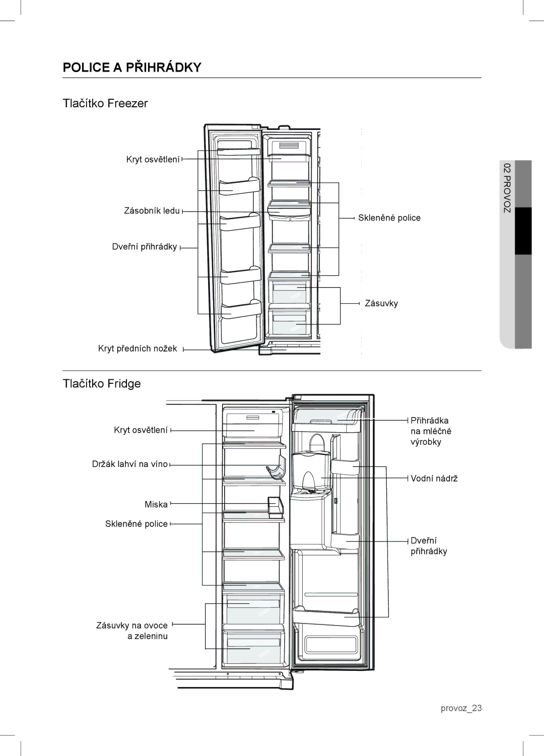 Samsung RSA1WTVG1/XEO manual Police a Přihrádky, Tlačítko Freezer, Tlačítko Fridge 