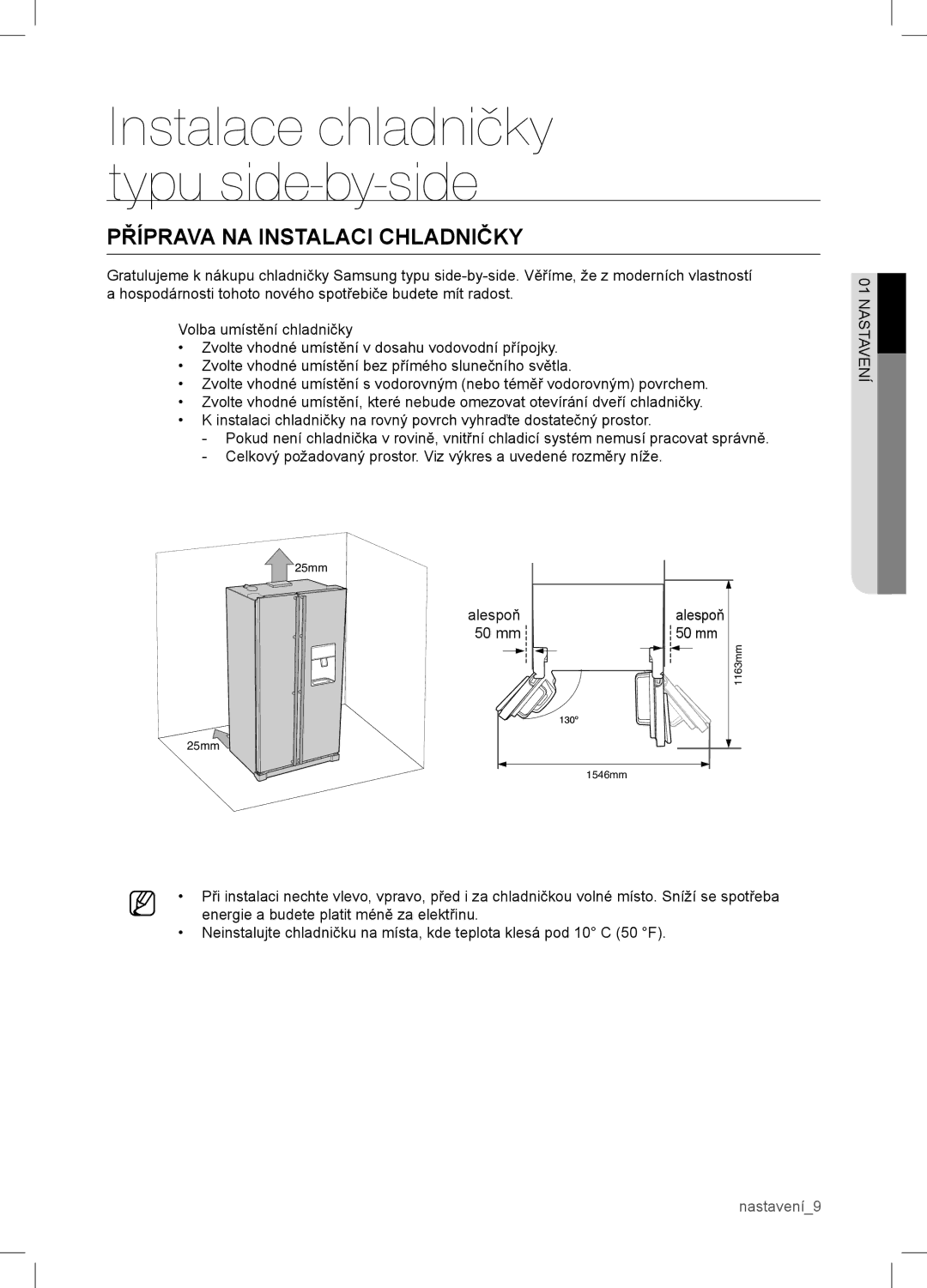 Samsung RSA1WTVG1/XEO manual Instalace chladničky typu side-by-side, Příprava NA Instalaci Chladničky 