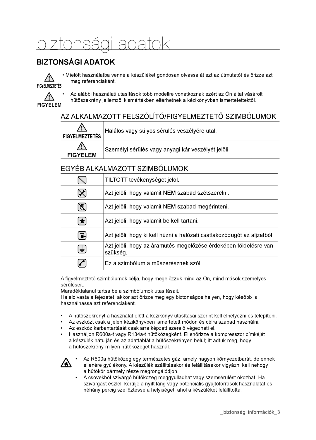 Samsung RSA1WTVG1/XEO manual Biztonsági adatok, Biztonsági Adatok 