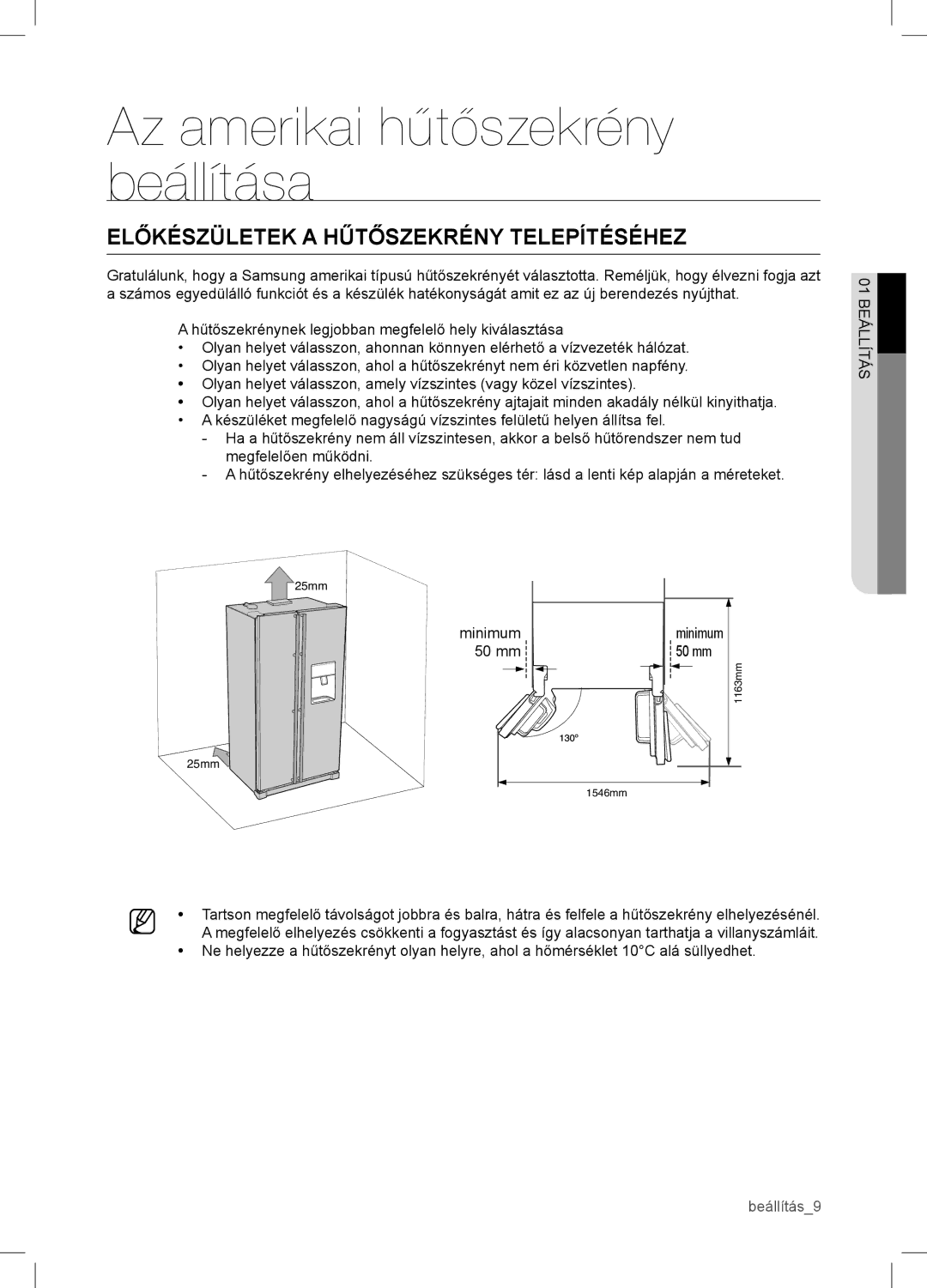 Samsung RSA1WTVG1/XEO manual Előkészületek a Hűtőszekrény Telepítéséhez, 01 Beállítás 