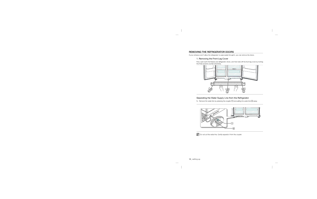 Samsung RSA1Z***, RSA1U***, RSA1N***, RSA1S***, RSA1D*** Removing the Refrigerator Doors, Removing the Front Leg Cover 