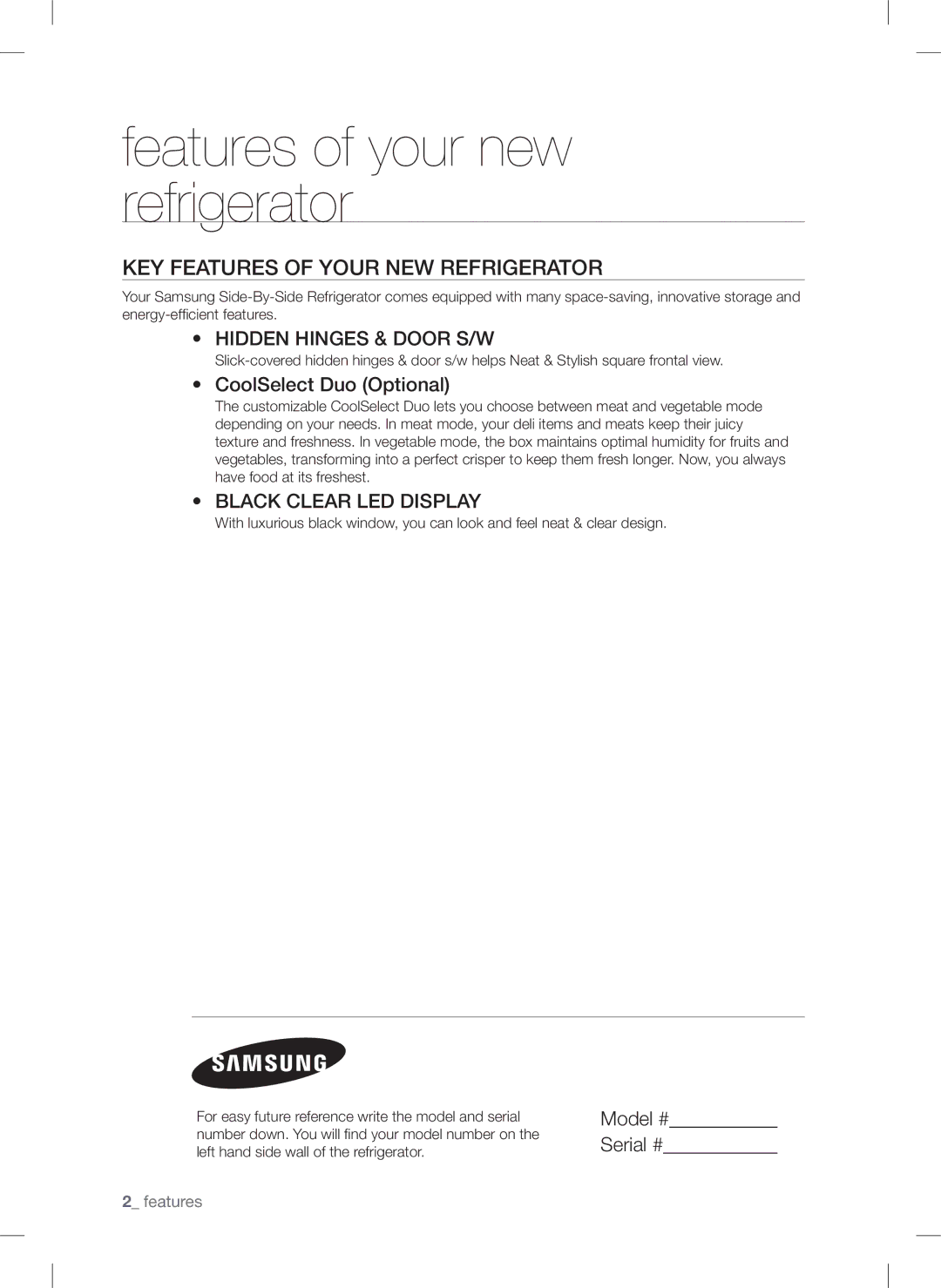 Samsung RSA1N*** Features of your new refrigerator, Key features of your new refrigerator, CoolSelect Duo Optional 