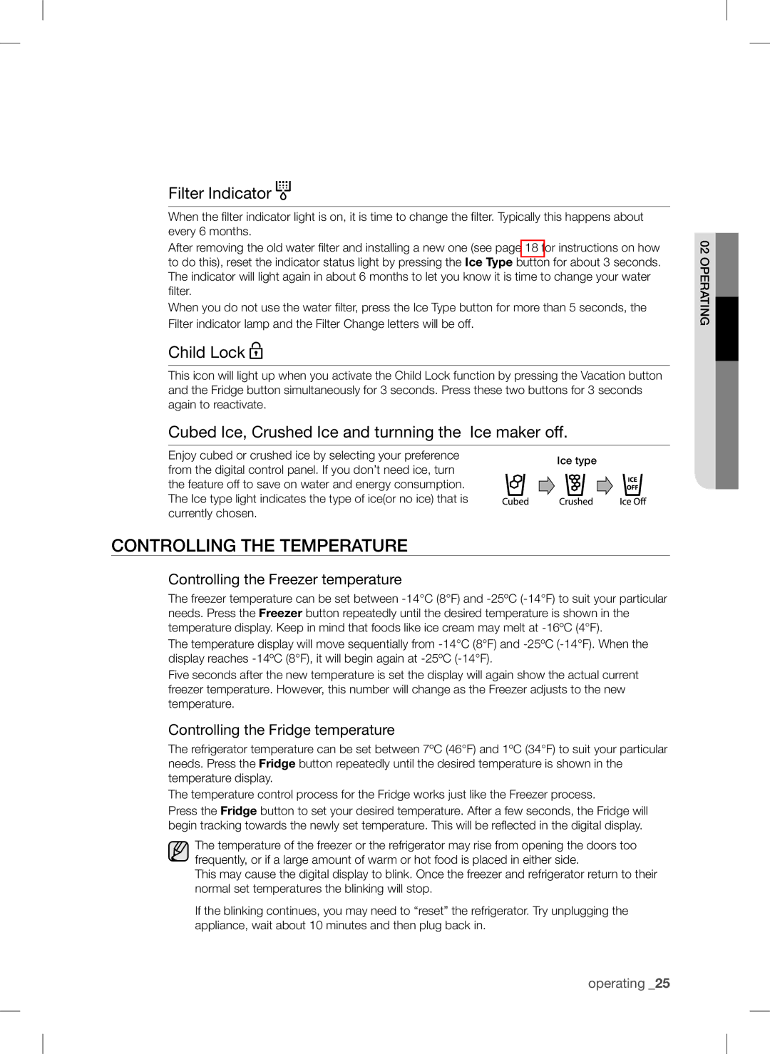 Samsung RSA1Z***, RSA1U***, RSA1N***, RSA1S***, RSA1D*** user manual Controlling the temperature, Filter Indicator, Child Lock 