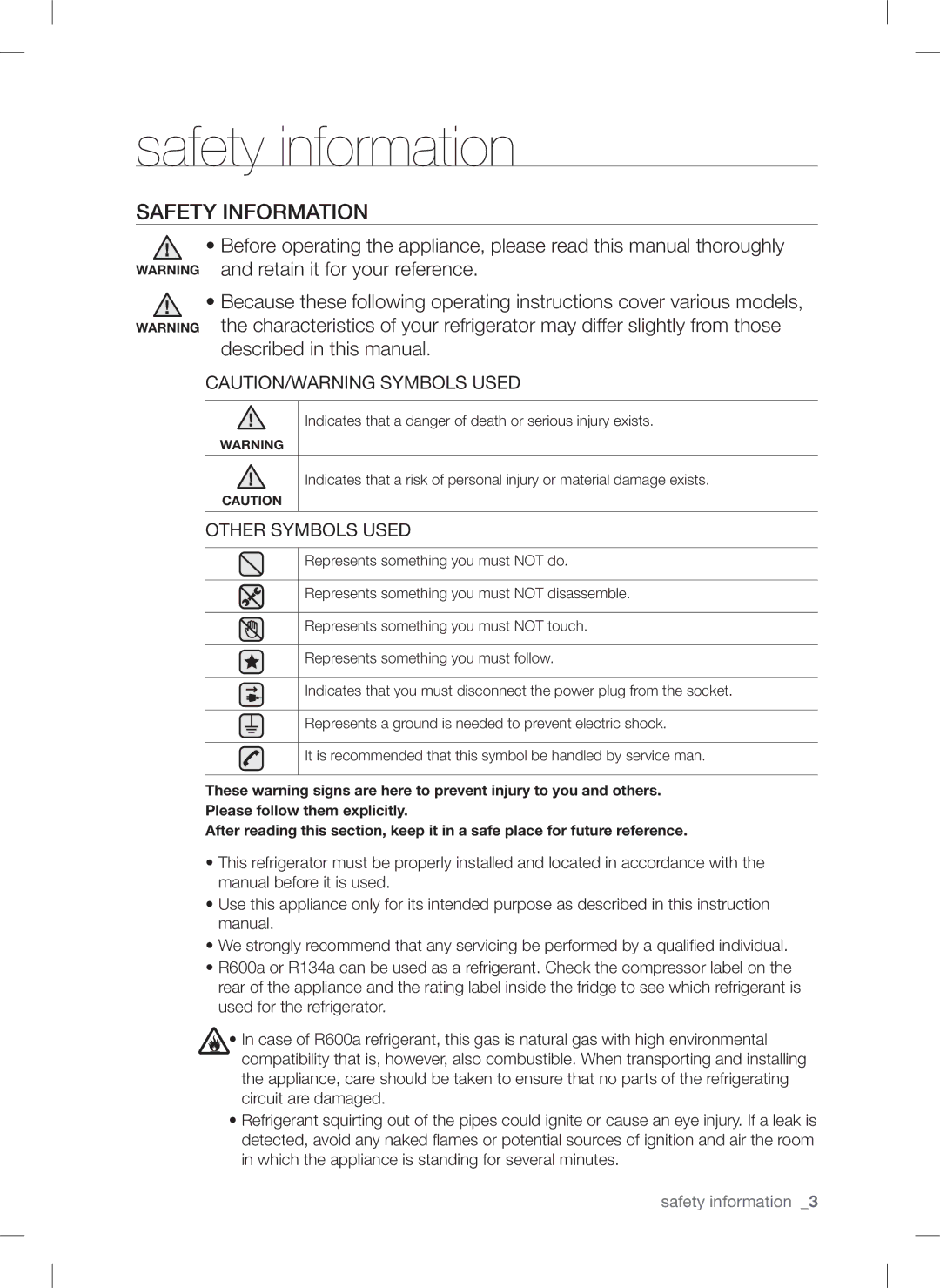 Samsung RSA1S***, RSA1Z***, RSA1U***, RSA1N***, RSA1D*** user manual Safety information, Safety Information 