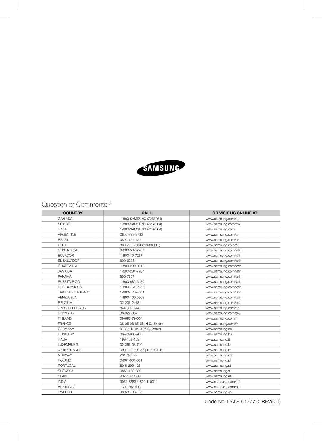 Samsung RSA1Z***, RSA1U***, RSA1N***, RSA1S***, RSA1D*** user manual Question or Comments?, Country Call Or Visit US Online AT 