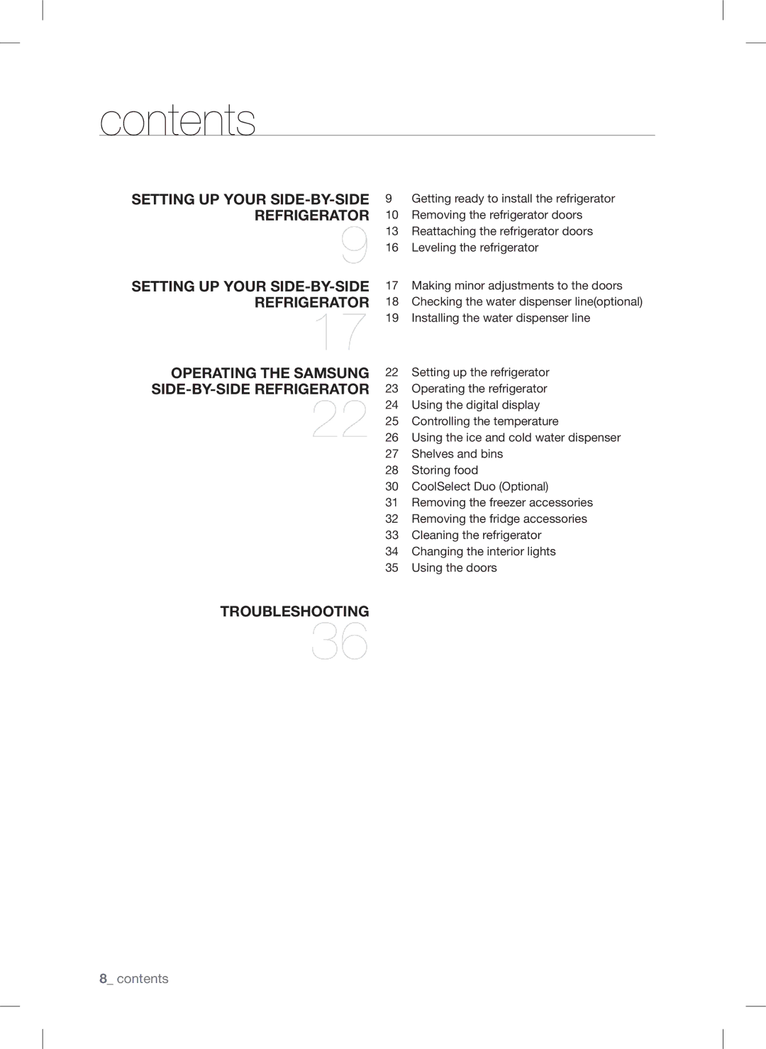 Samsung RSA1S***, RSA1Z***, RSA1U***, RSA1N***, RSA1D*** user manual Contents 