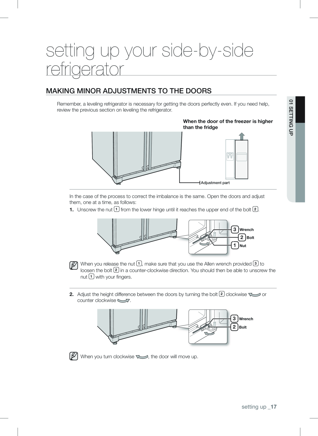 Samsung RSA1N***, RSA1Z***, RSA1U*** Making mInor adjustments to the doors, setting up your side-by-side refrigerator 