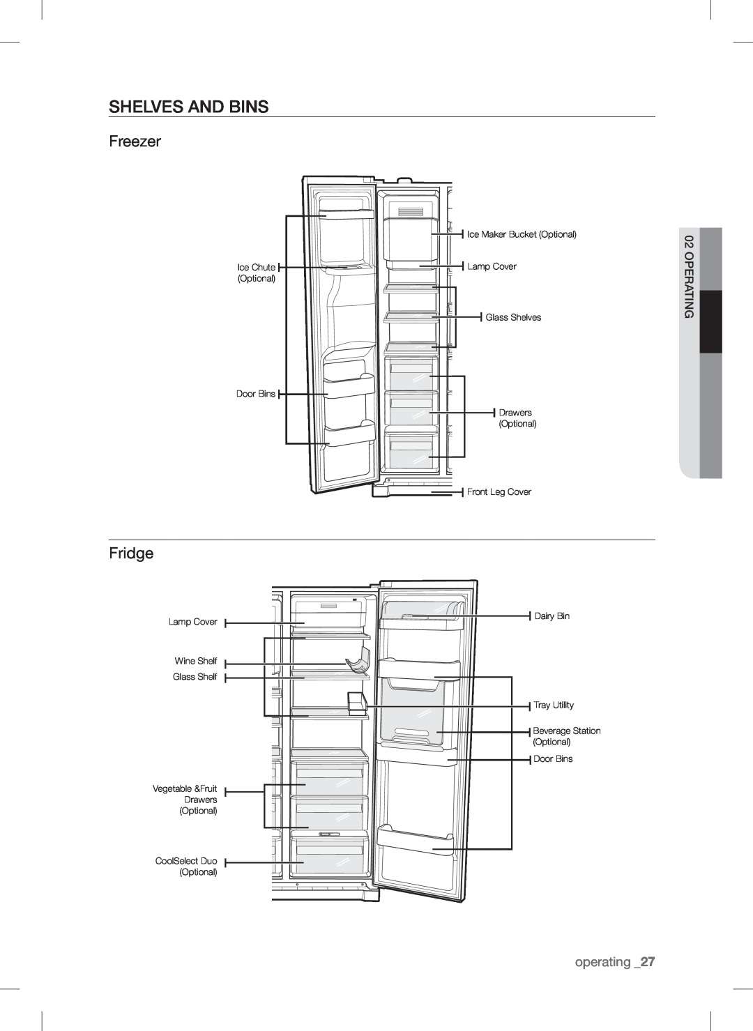 Samsung RSA1N*** Shelves and bins, Freezer, Fridge, operating, Lamp Cover, CoolSelect Duo Optional, Dairy Bin, Door Bins 