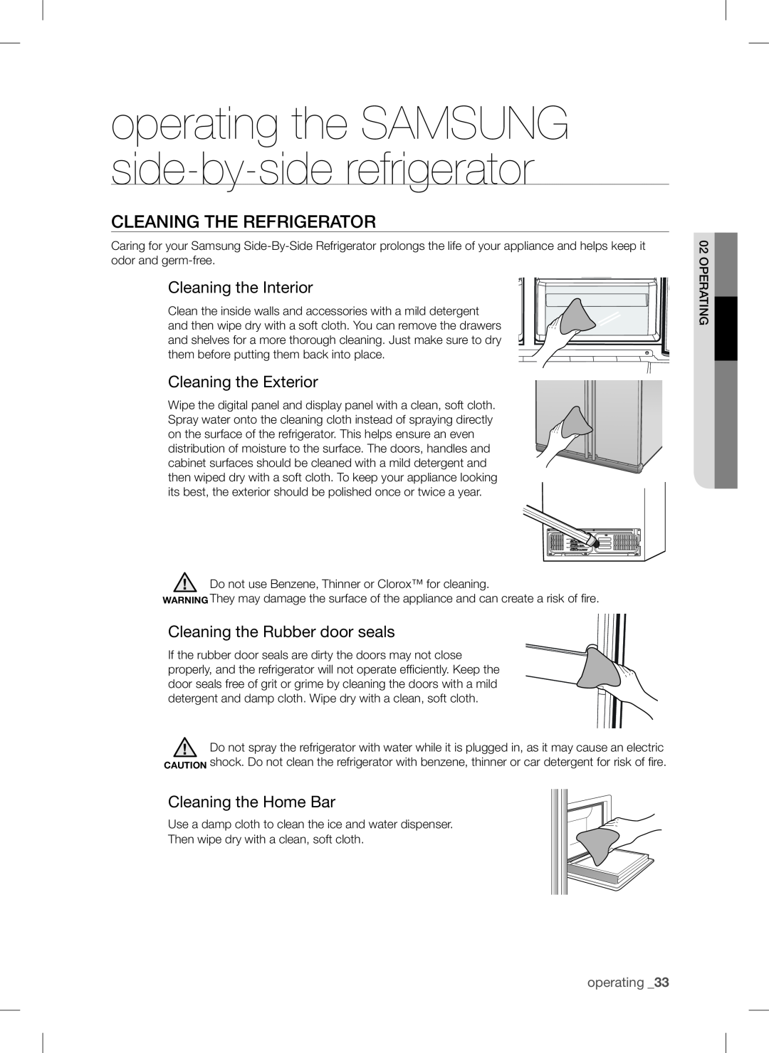 Samsung RSA1S*** Cleaning the refrigerator, Cleaning the Interior, Cleaning the Exterior, Cleaning the Rubber door seals 