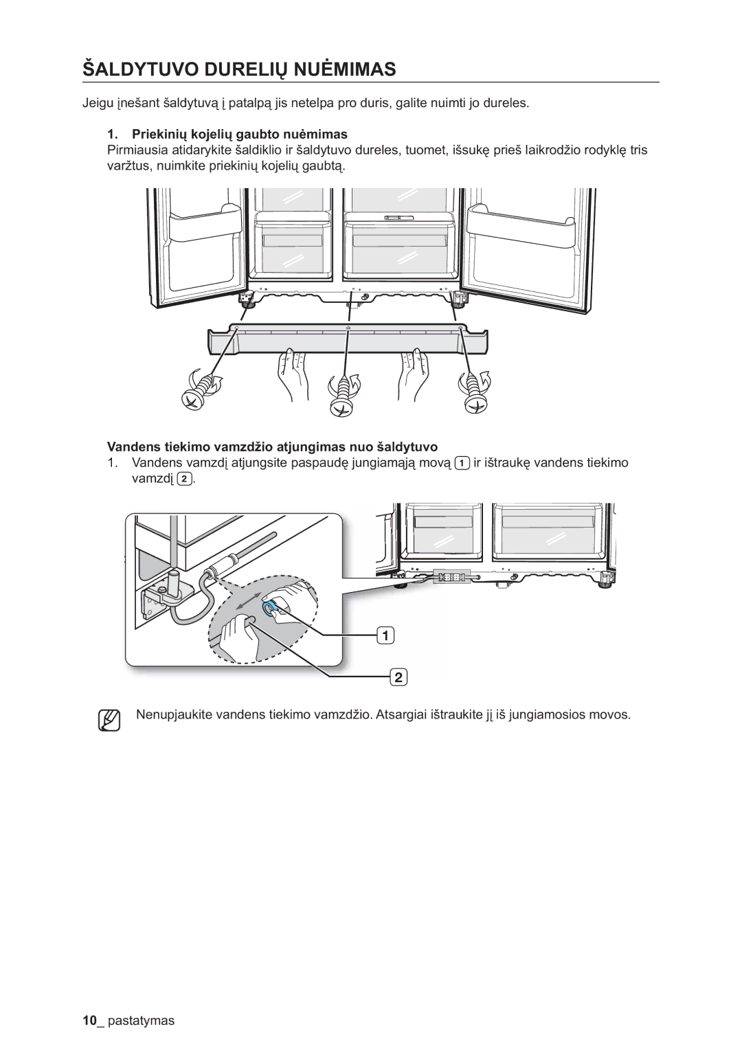 Samsung RSA1ZHMH1/BWT manual Šaldytuvo Durelių Nuėmimas, Priekinių kojelių gaubto nuėmimas 