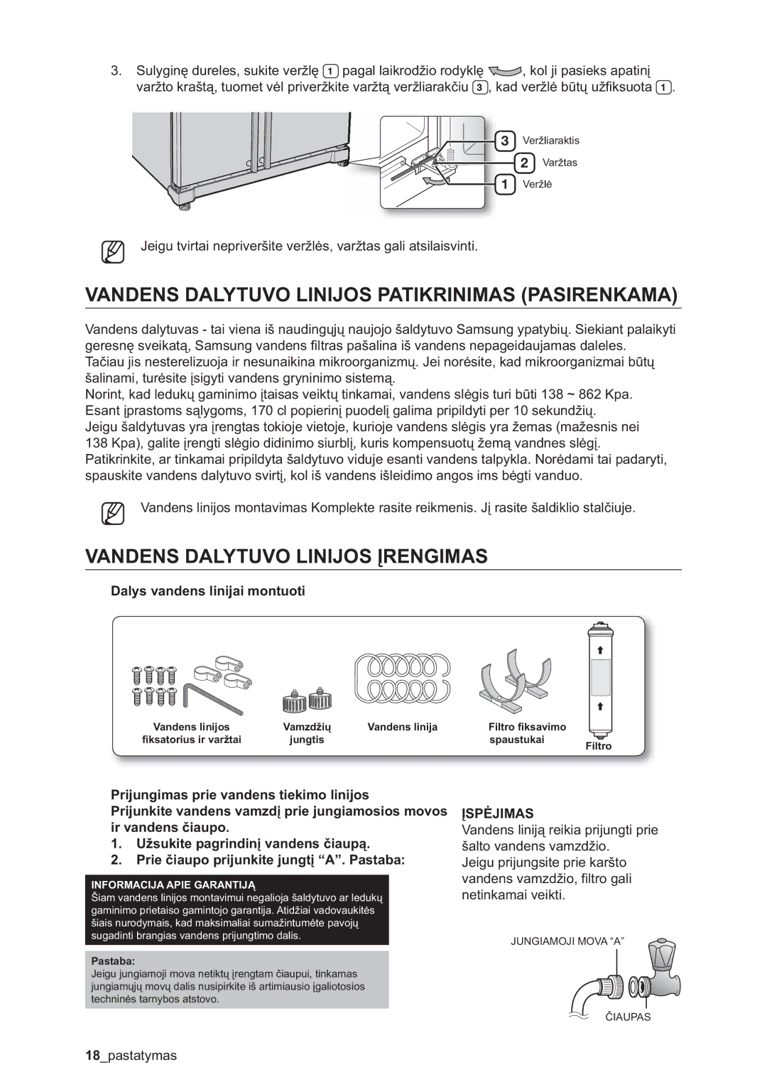 Samsung RSA1ZHMH1/BWT manual Vandens Dalytuvo Linijos Patikrinimas Pasirenkama, Vandens Dalytuvo Linijos Įrengimas 