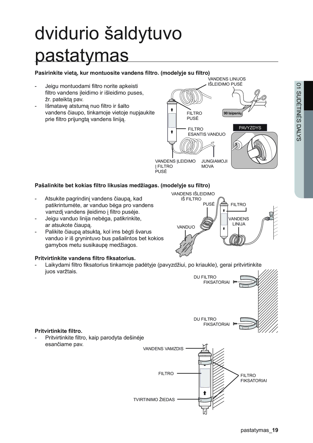 Samsung RSA1ZHMH1/BWT manual Pritvirtinkite vandens filtro ﬁksatorius, Pritvirtinkite filtro 