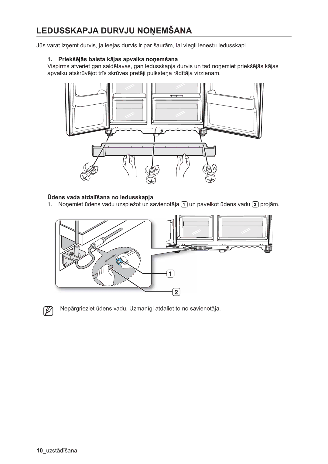 Samsung RSA1ZHMH1/BWT manual Ledusskapja Durvju Noņemšana, Priekšējās balsta kājas apvalka noņemšana 